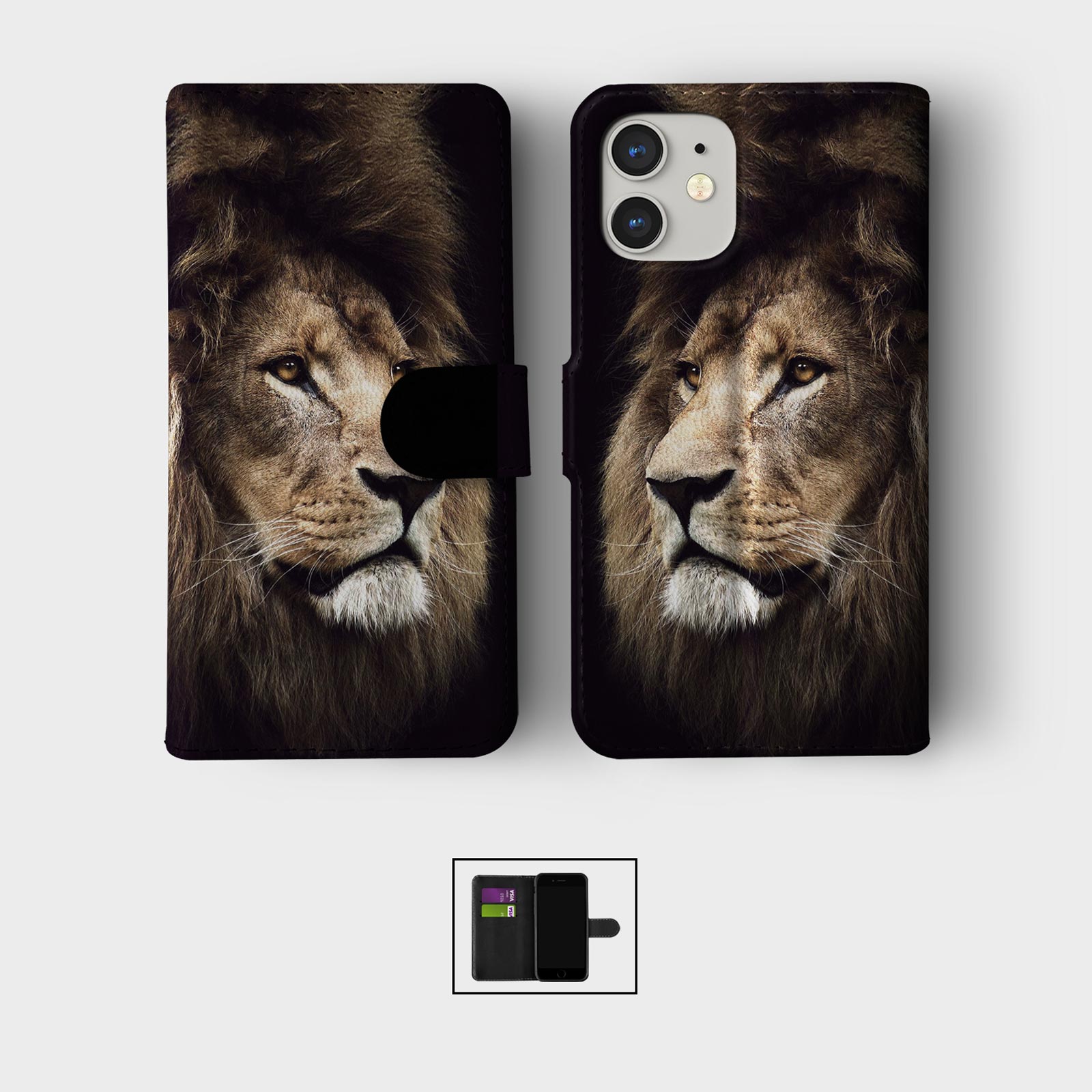 CASE FOR IPHONE 16 15 14 13 12 11 PRO WALLET FLIP PHONE COVER ANIMAL LION TIGER - Picture 2 of 10