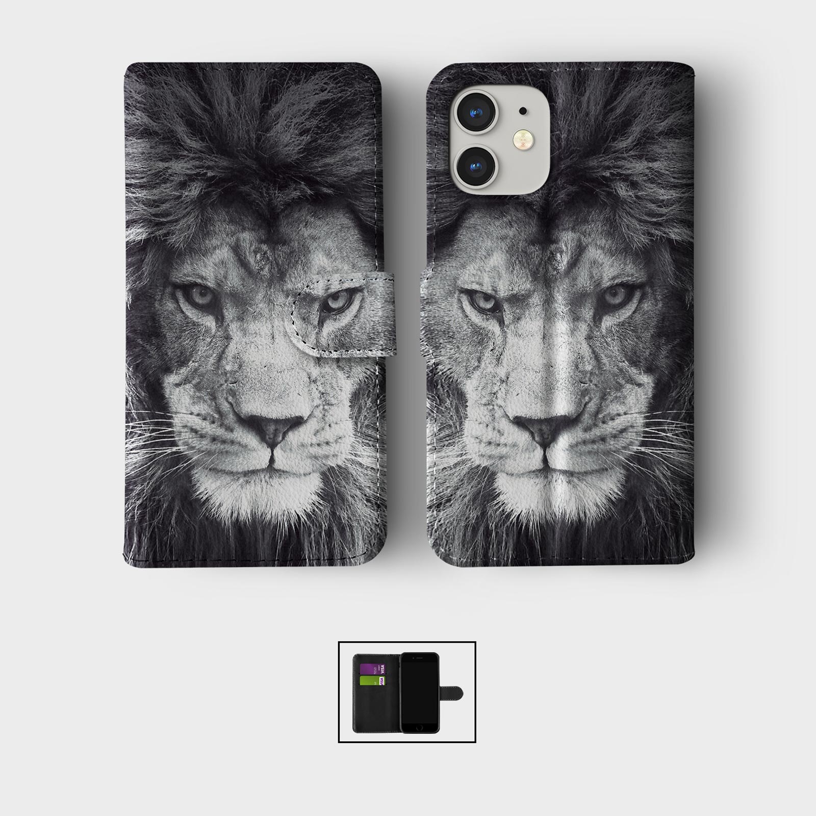 CASE FOR IPHONE 16 15 14 13 12 11 PRO WALLET FLIP PHONE COVER ANIMAL LION TIGER - Picture 3 of 10