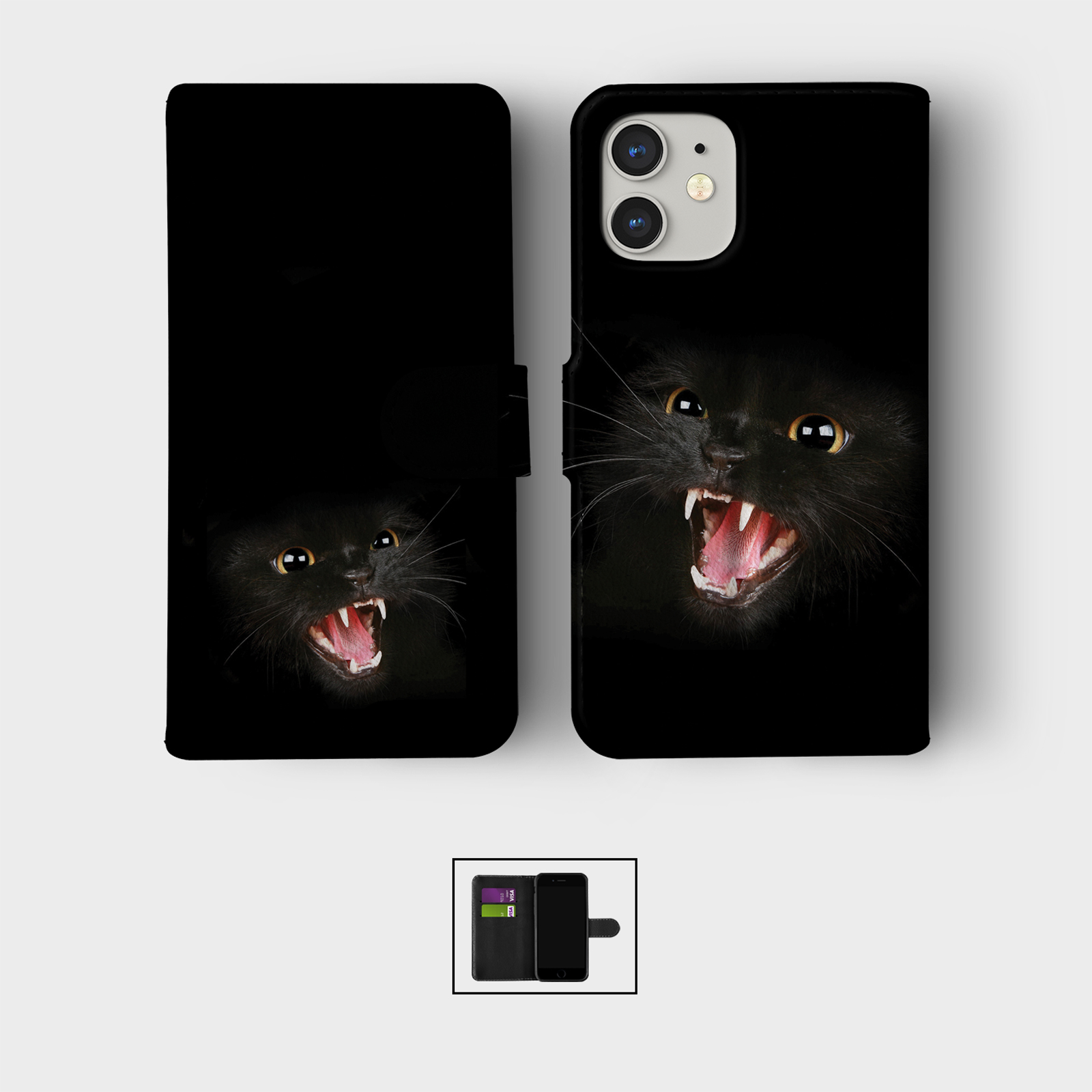 CASE FOR IPHONE 16 16E 15 14 12 12 SE PRO WALLET FLIP PHONE COVER BLACK CAT FACE - Picture 2 of 8