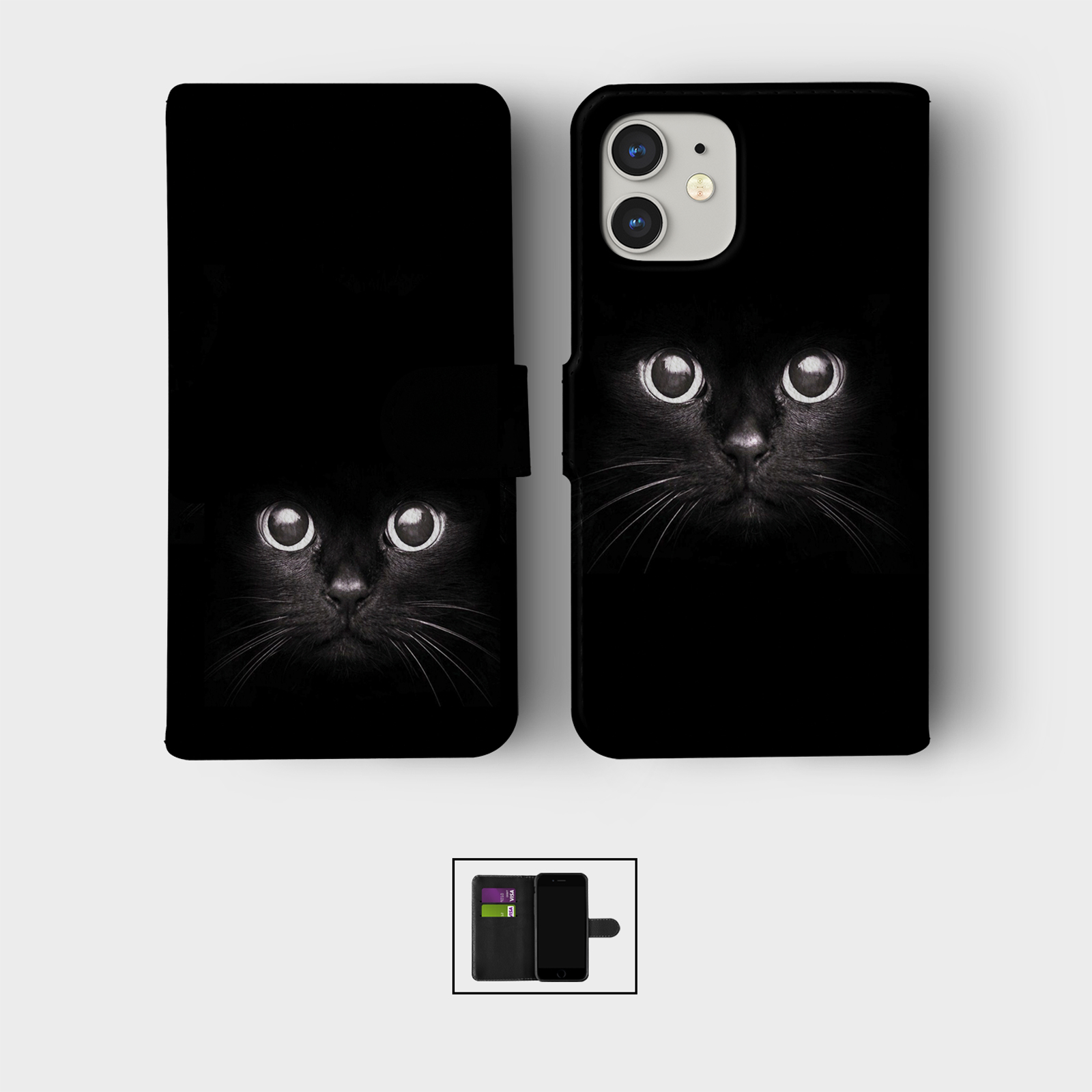 CASE FOR IPHONE 16 16E 15 14 12 12 SE PRO WALLET FLIP PHONE COVER BLACK CAT FACE - Picture 3 of 8