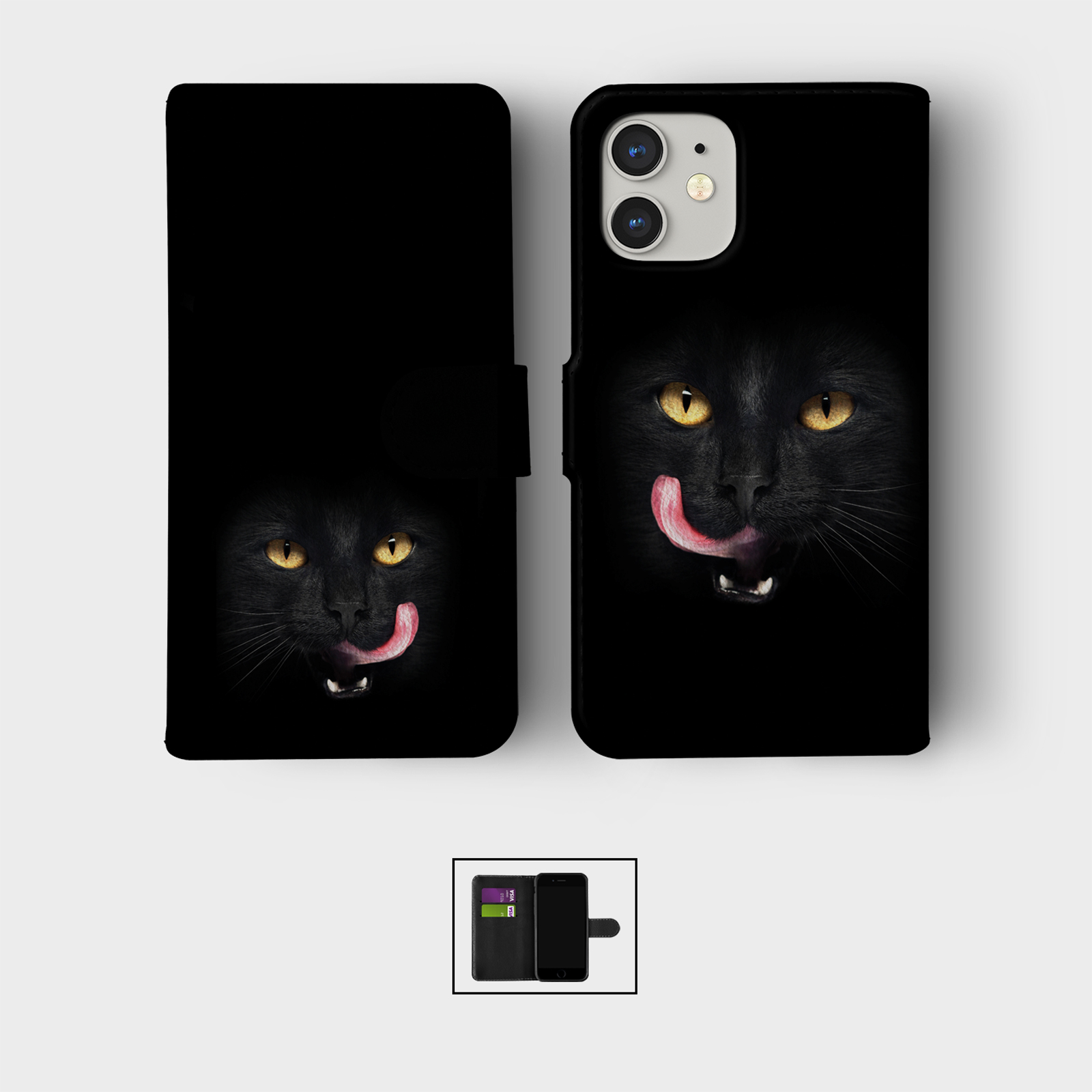 CASE FOR IPHONE 16 16E 15 14 12 12 SE PRO WALLET FLIP PHONE COVER BLACK CAT FACE - Picture 4 of 8