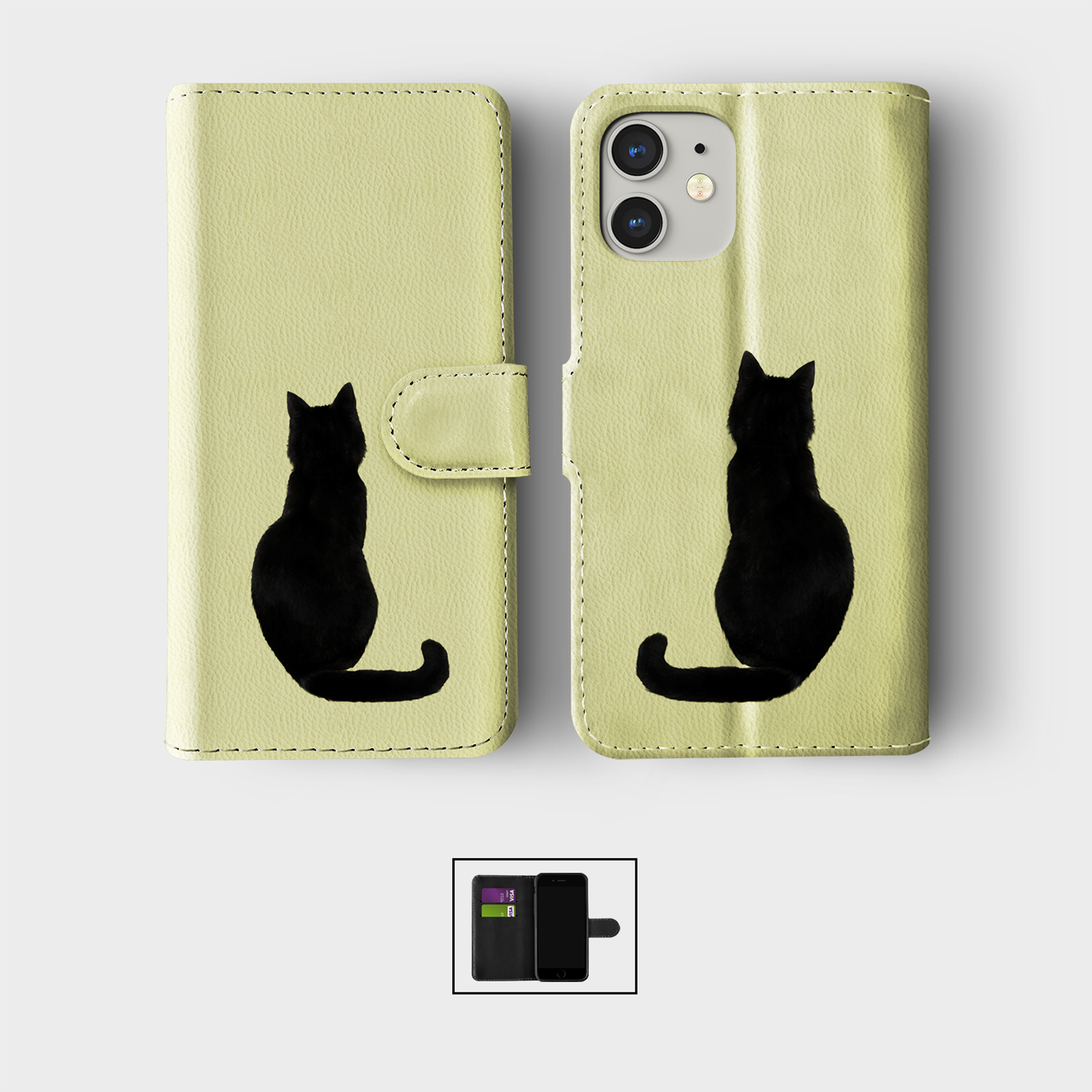 CASE FOR IPHONE 16 16E 15 14 12 12 SE PRO WALLET FLIP PHONE COVER BLACK CAT FACE - Picture 5 of 8