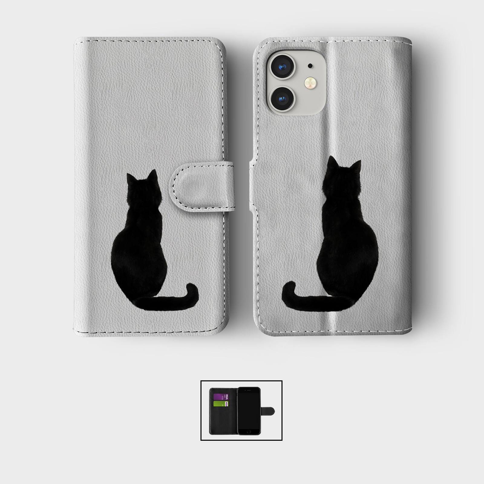 CASE FOR IPHONE 16 16E 15 14 12 12 SE PRO WALLET FLIP PHONE COVER BLACK CAT FACE - Picture 6 of 8