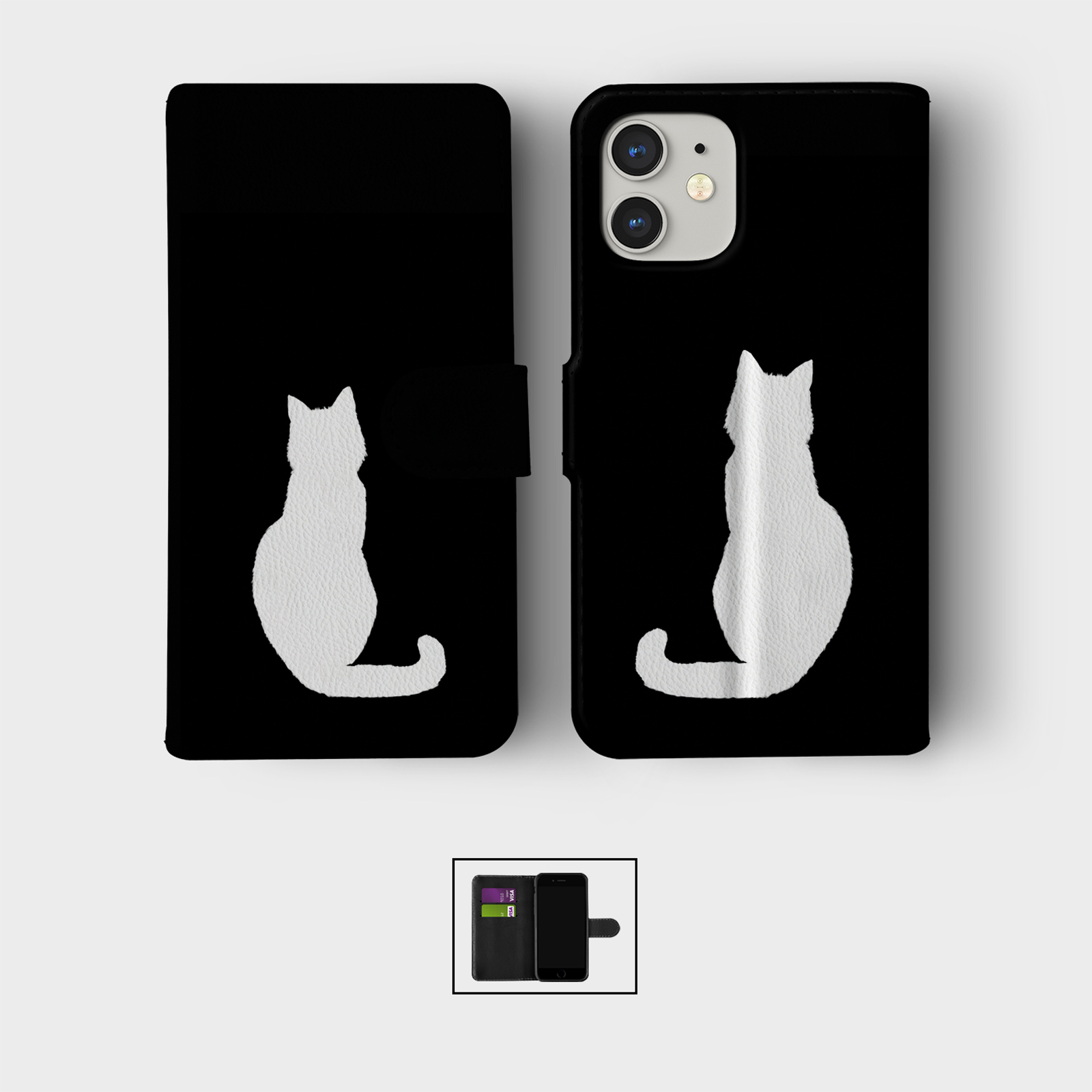 CASE FOR IPHONE 16 16E 15 14 12 12 SE PRO WALLET FLIP PHONE COVER BLACK CAT FACE - Picture 7 of 8