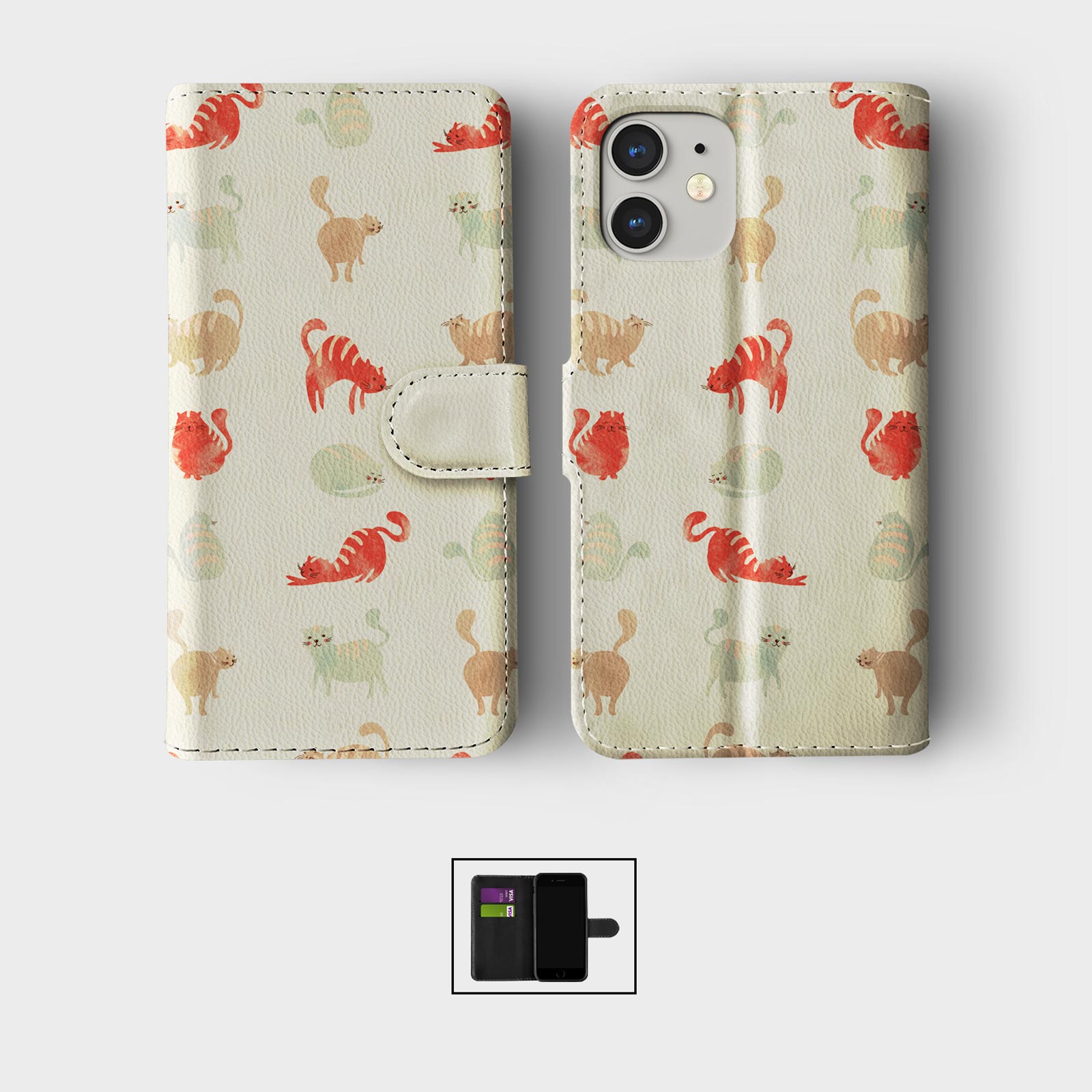 CASE FOR IPHONE 16 16E 15 14 12 SE PRO WALLET FLIP PHONE COVER CUTE CAT KITTEN - Picture 3 of 8