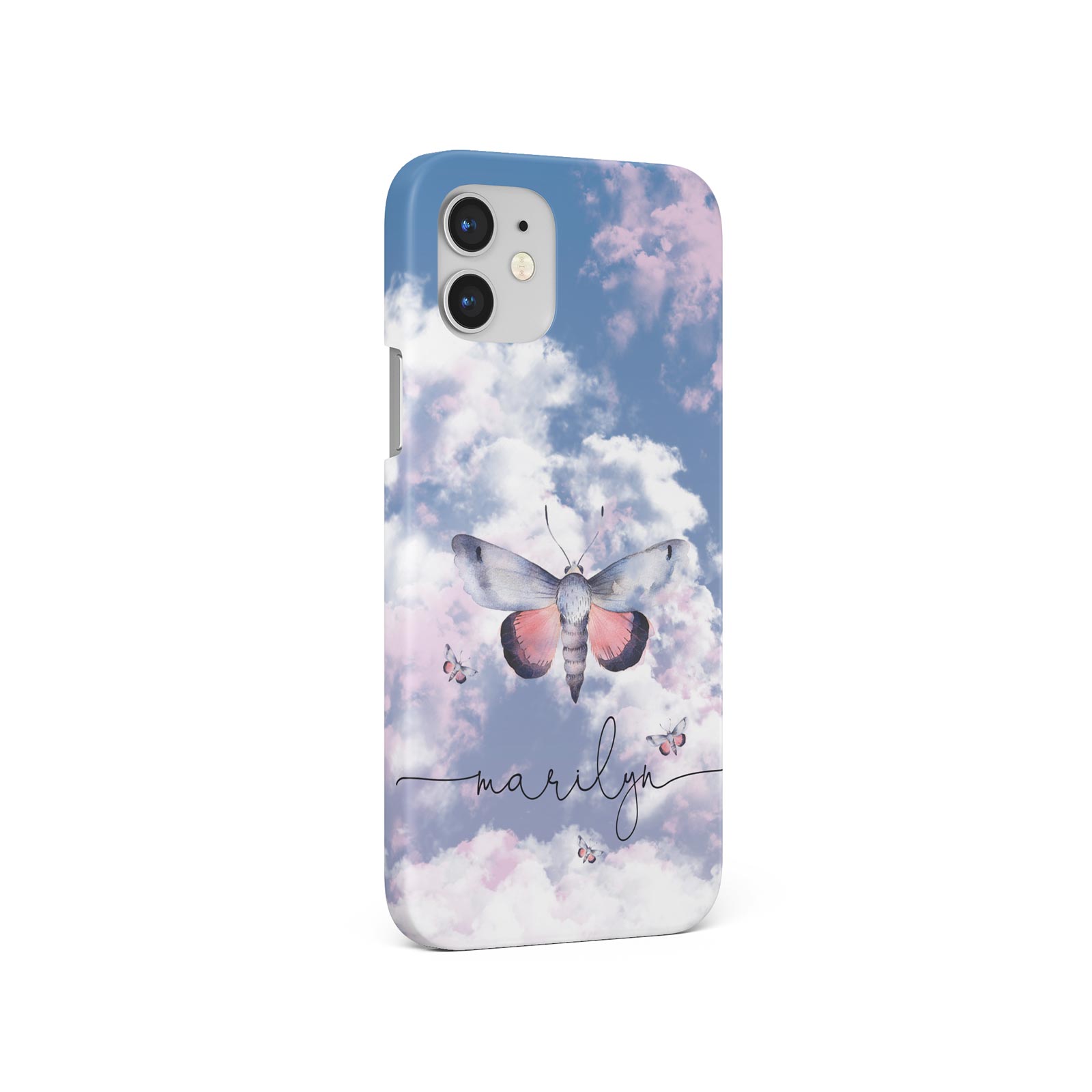 PERSONALISED CASE FOR IPHONE 14 13 12 11 SE HARD PHONE COVER CLOUDS BUTTERFLIES