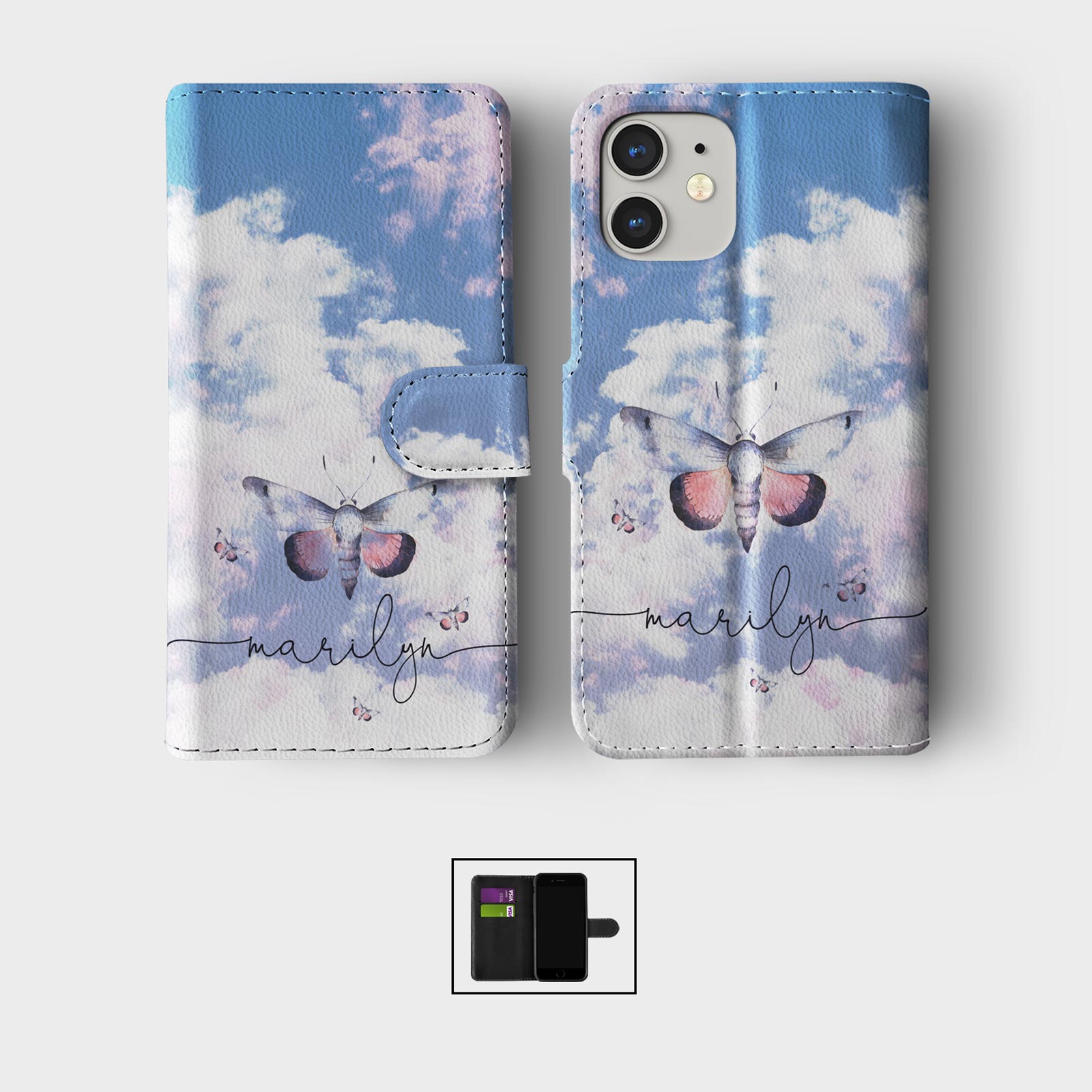 PERSONALISED FLIP WALLET PHONE CASE FOR IPHONE 15 14 13 12 11 SE CLOUD BUTTERFLY