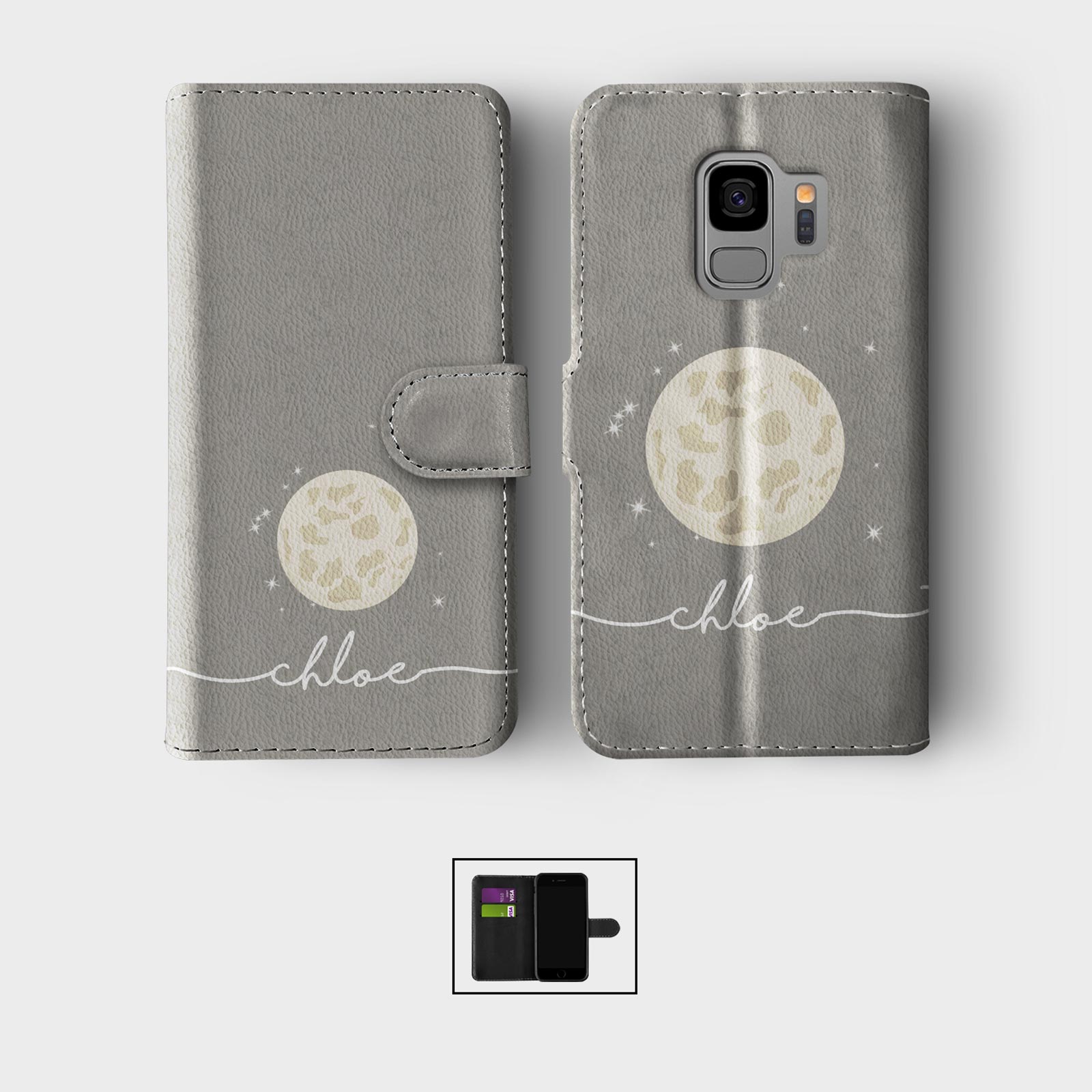PERSONALISED WALLET FLIP CASE FOR SAMSUNG S23 S22 S21 S20 S10 S9 MOON STARS MOTH - Picture 11 of 12