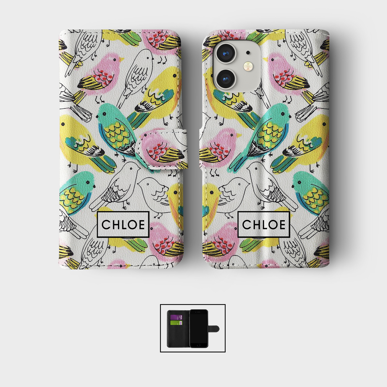 PERSONALISED FLIP WALLET PHONE CASE FOR IPHONE 16 15 14 13 12 11 BIRDS BIRDIES - Picture 7 of 10