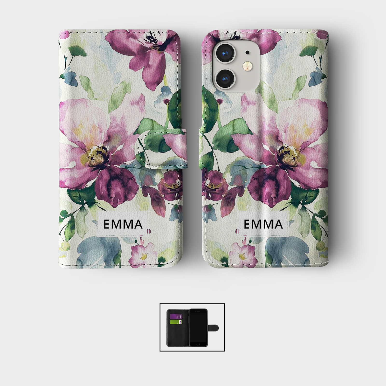 PERSONALISED FLIP WALLET PHONE CASE FOR IPHONE 16 15 14 13 12 11 SE WILD FLOWERS - Picture 2 of 10