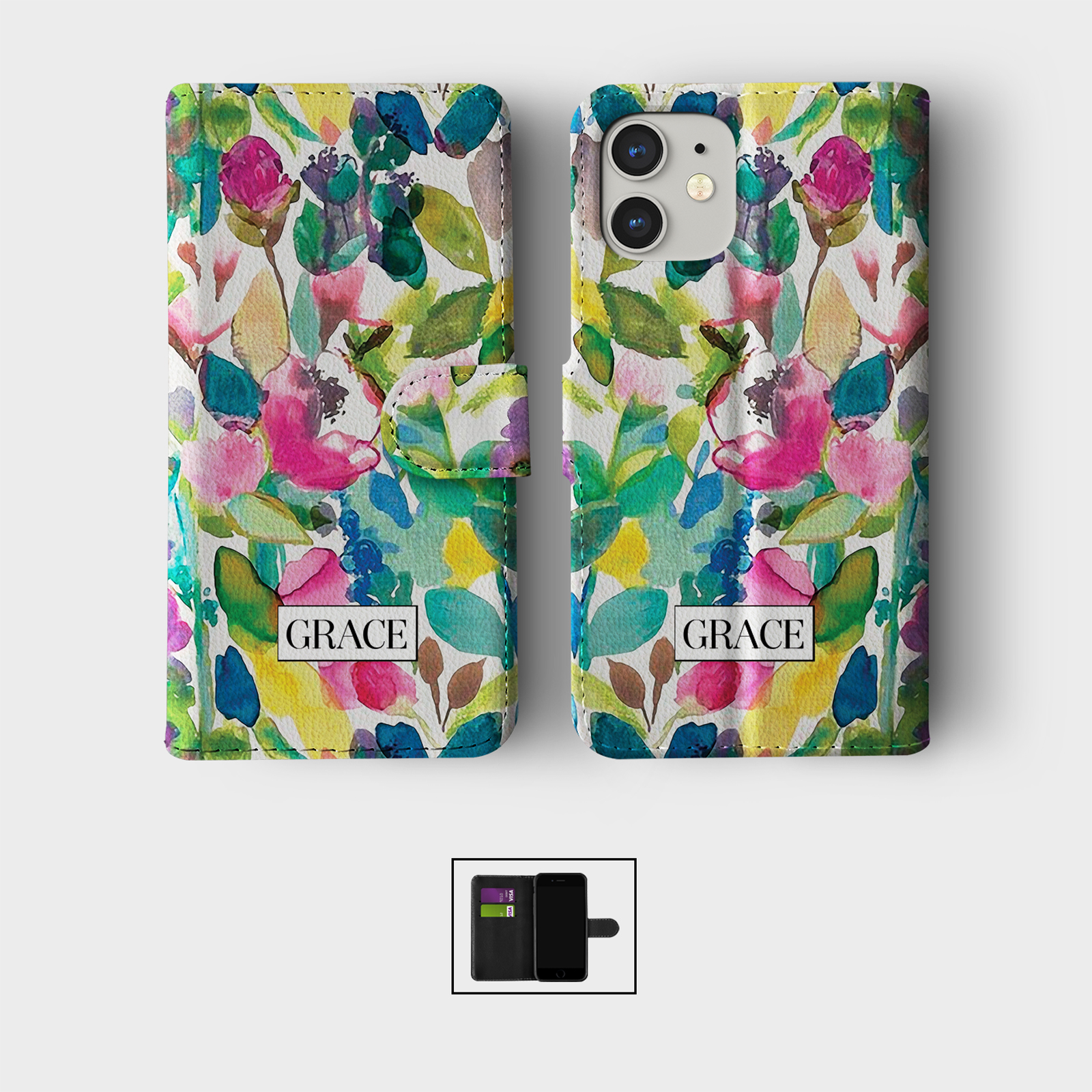 PERSONALISED FLIP WALLET PHONE CASE FOR IPHONE 16 15 14 13 12 11 SE WILD FLOWERS - Picture 3 of 10
