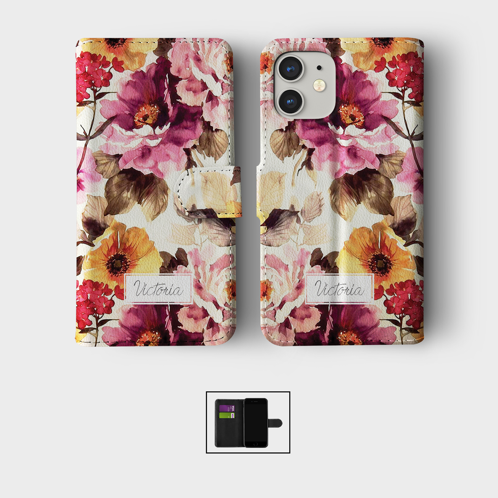 PERSONALISED FLIP WALLET PHONE CASE FOR IPHONE 16 15 14 13 12 11 SE WILD FLOWERS - Picture 4 of 10
