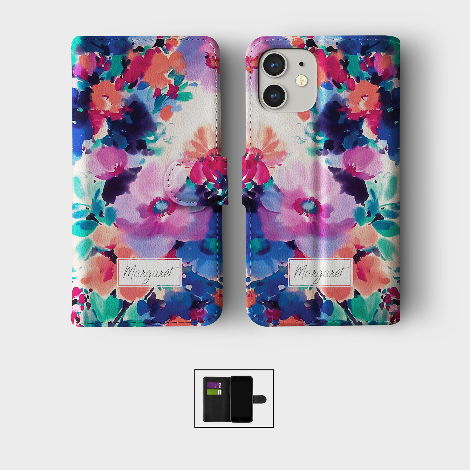 PERSONALISED FLIP WALLET PHONE CASE FOR IPHONE 16 15 14 13 12 11 SE WILD FLOWERS - Picture 6 of 10