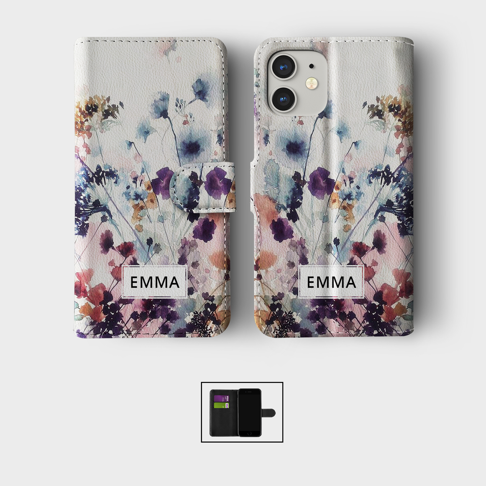 PERSONALISED FLIP WALLET PHONE CASE FOR IPHONE 16 15 14 13 12 11 SE FLORAL CUTE - Picture 2 of 10