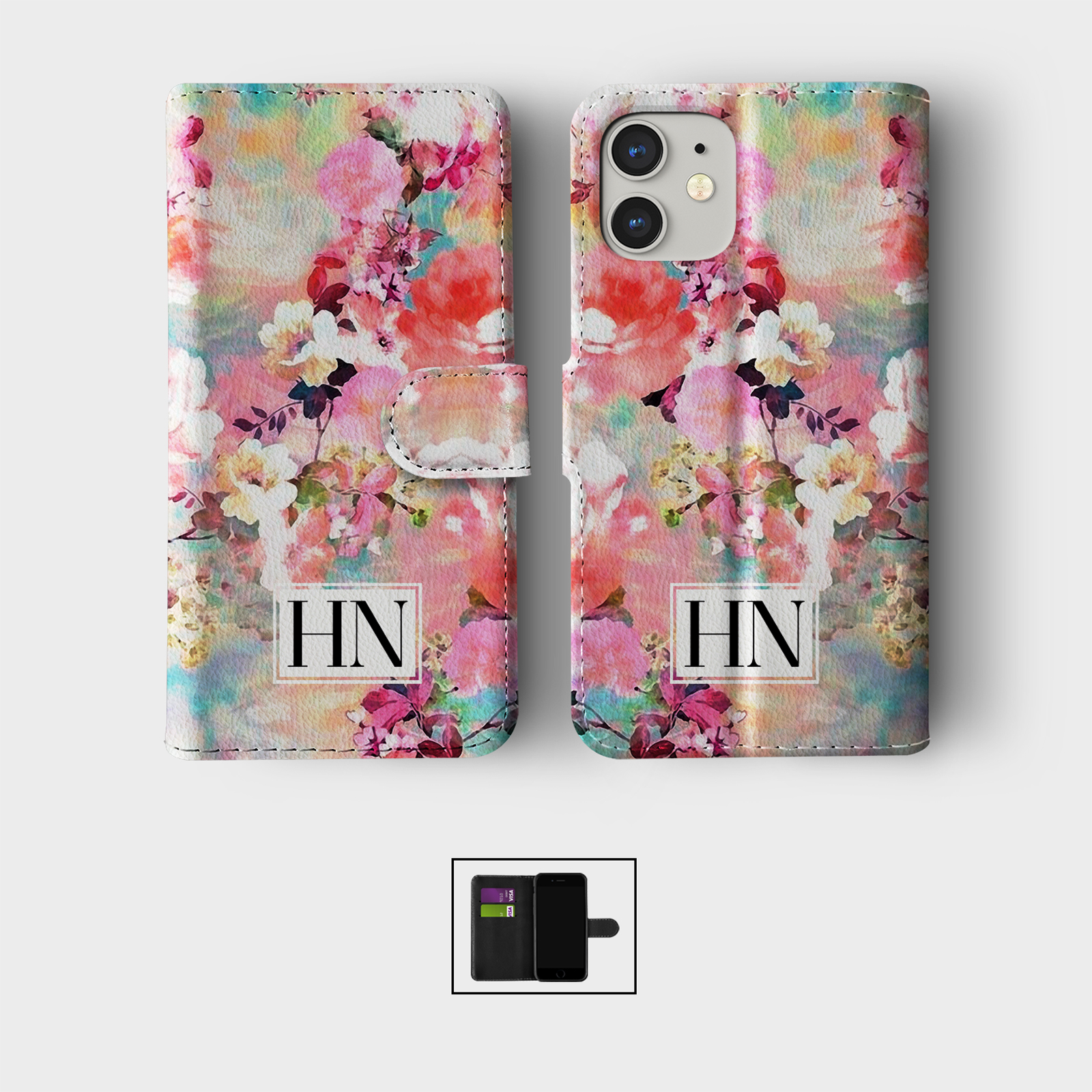 PERSONALISED FLIP WALLET PHONE CASE FOR IPHONE 16 15 14 13 12 11 SE FLORAL CUTE - Picture 3 of 10