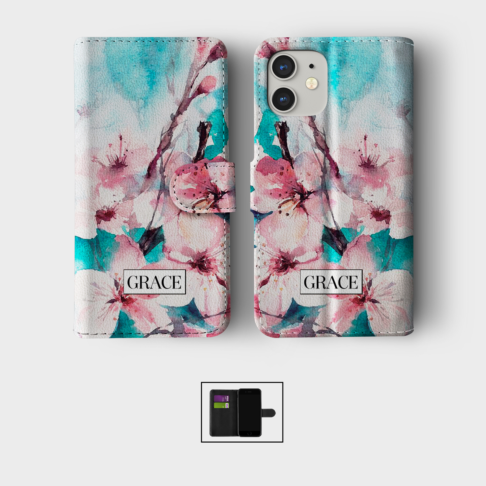 PERSONALISED FLIP WALLET PHONE CASE FOR IPHONE 16 15 14 13 12 11 SE FLORAL CUTE - Picture 4 of 10