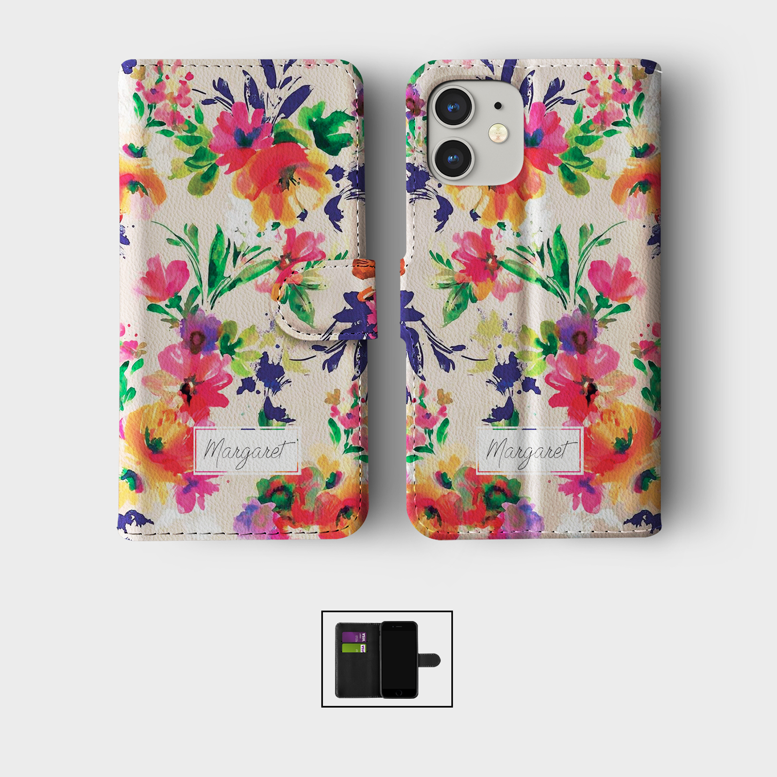 PERSONALISED FLIP WALLET PHONE CASE FOR IPHONE 16 15 14 13 12 11 SE FLORAL CUTE - Picture 5 of 10