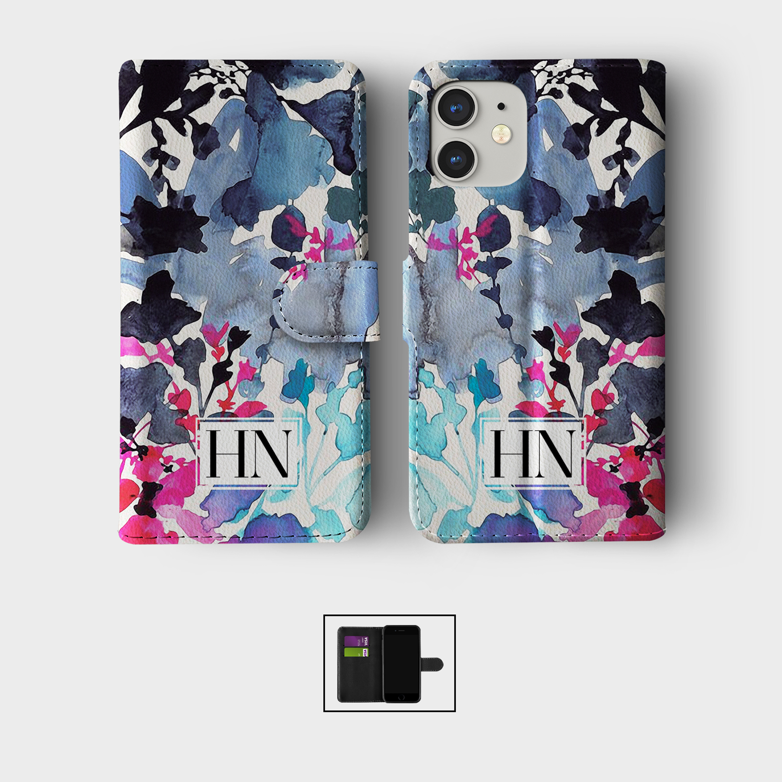 PERSONALISED FLIP WALLET PHONE CASE FOR IPHONE 16 15 14 13 12 11 SE FLORAL CUTE - Picture 7 of 10