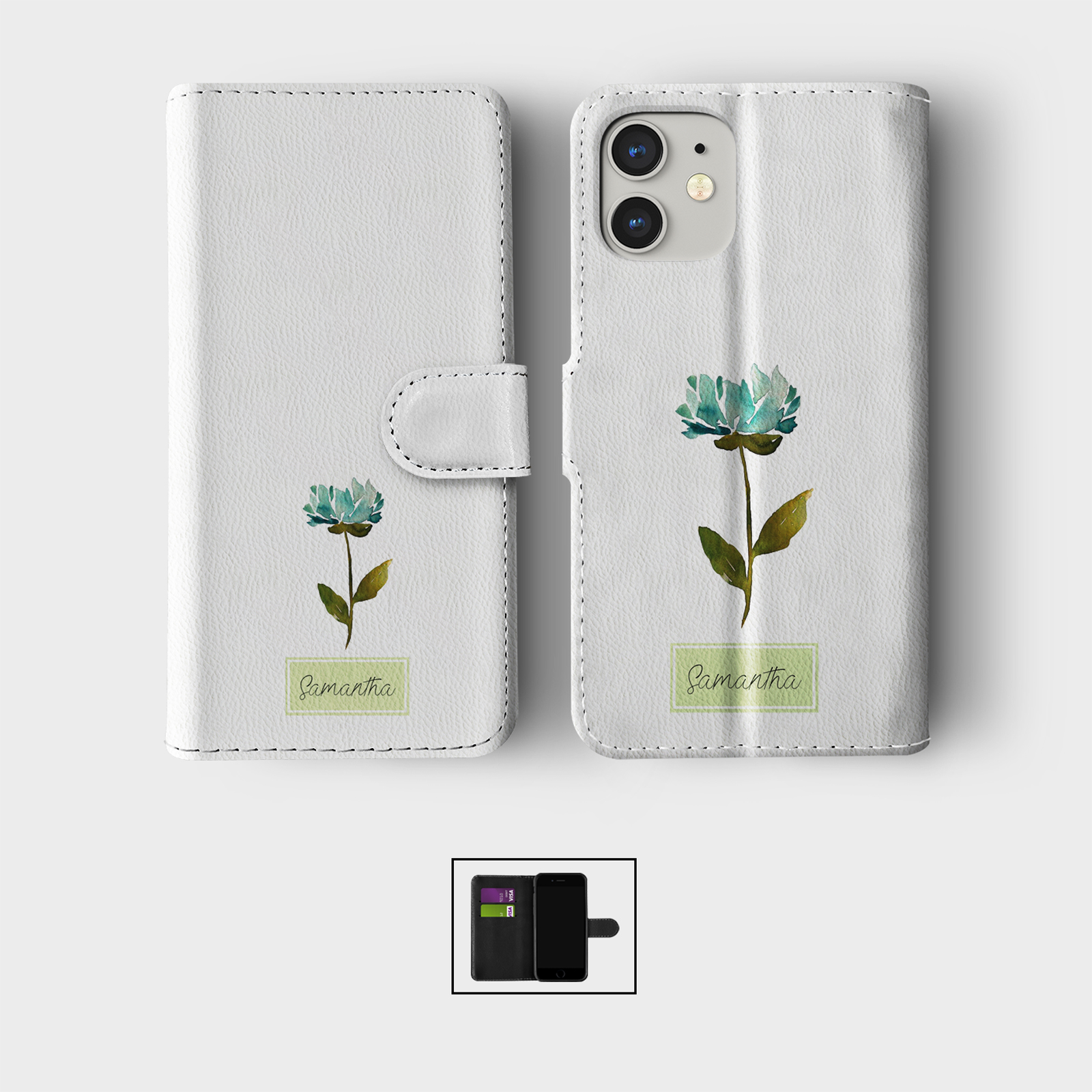 PERSONALISED FLIP WALLET PHONE CASE FOR IPHONE 16 15 14 13 12 11 SE FLORAL CUTE - Picture 8 of 10