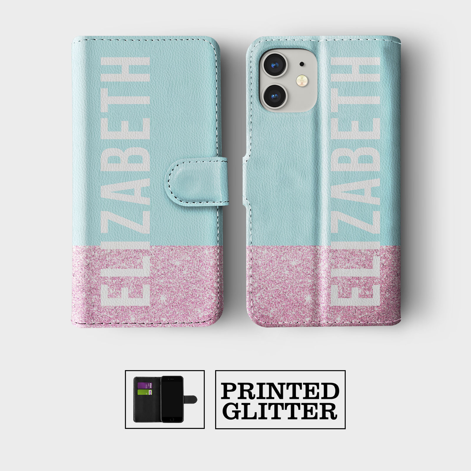PERSONALISED FLIP WALLET PHONE CASE FOR IPHONE 16 15 14 13 12 ROSE GOLD GLITTER