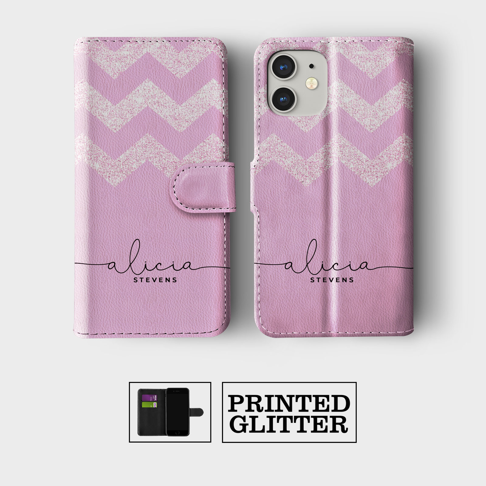 PERSONALISED FLIP WALLET PHONE CASE FOR IPHONE 16 15 14 13 12 ROSE GOLD GLITTER - Picture 8 of 10