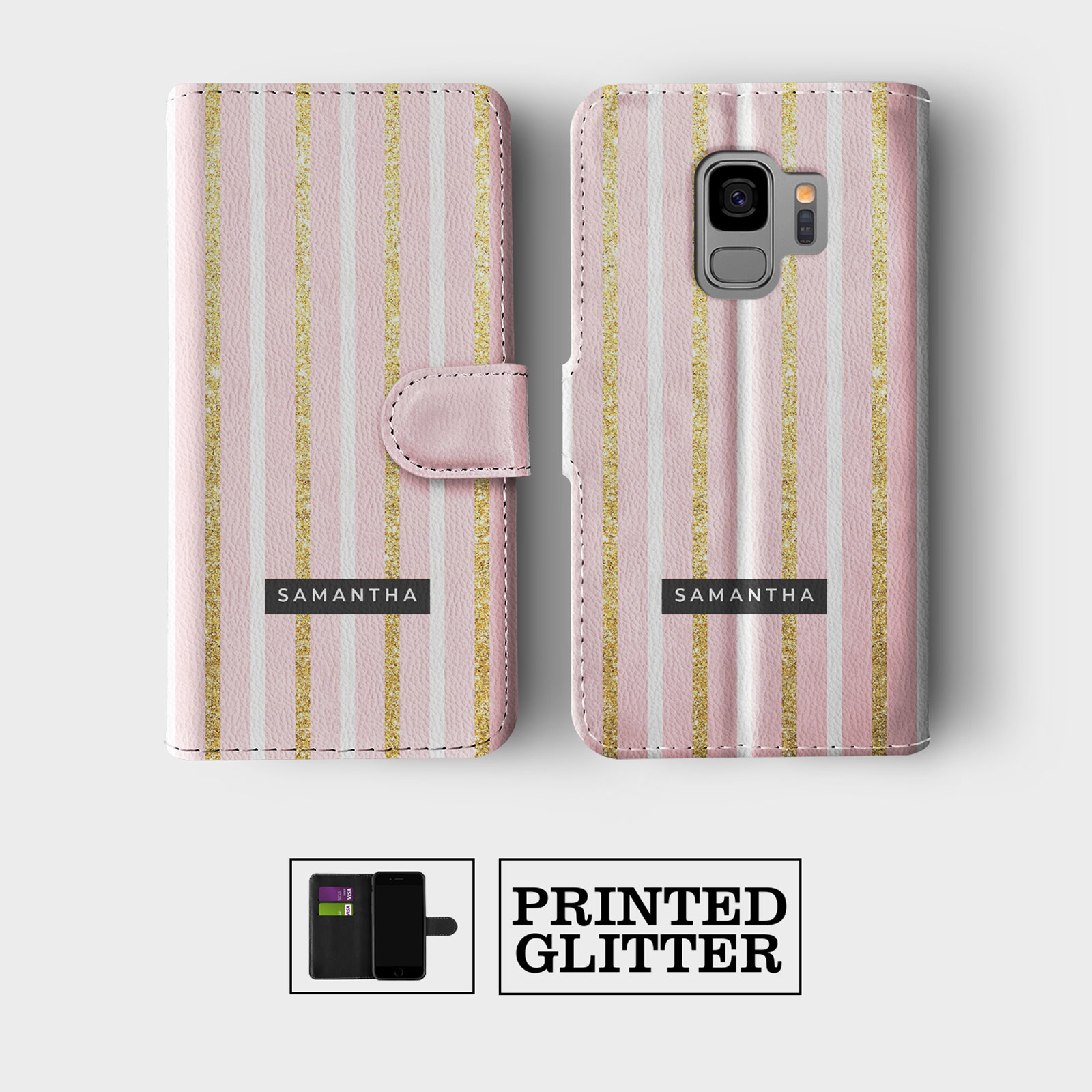 PERSONALISED WALLET FLIP CASE FOR SAMSUNG S23 S22 S21 S20 S10 ROSE GOLD GLITTER - Picture 2 of 10