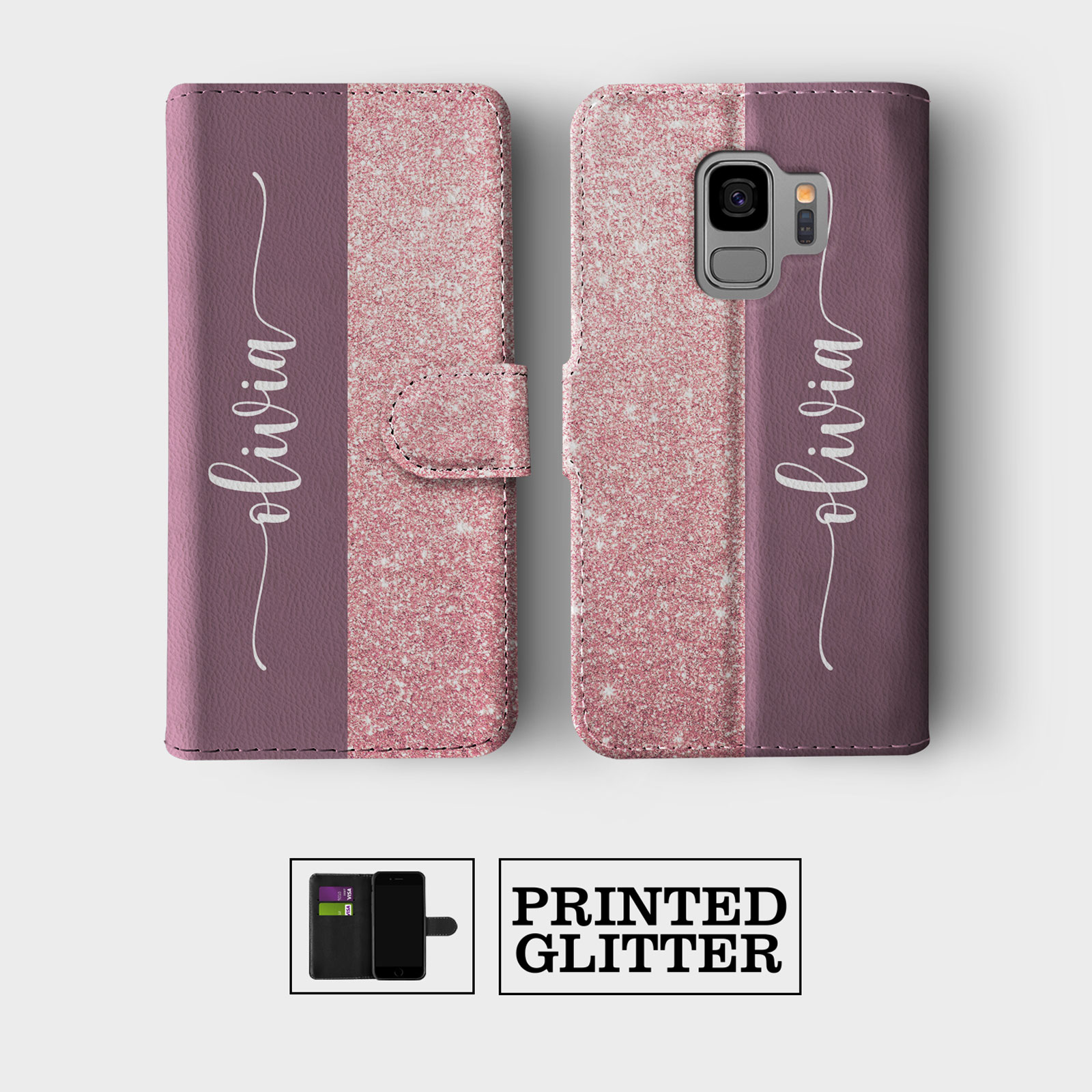PERSONALISED WALLET FLIP CASE FOR SAMSUNG S23 S22 S21 S20 S10 ROSE GOLD GLITTER - Picture 4 of 10