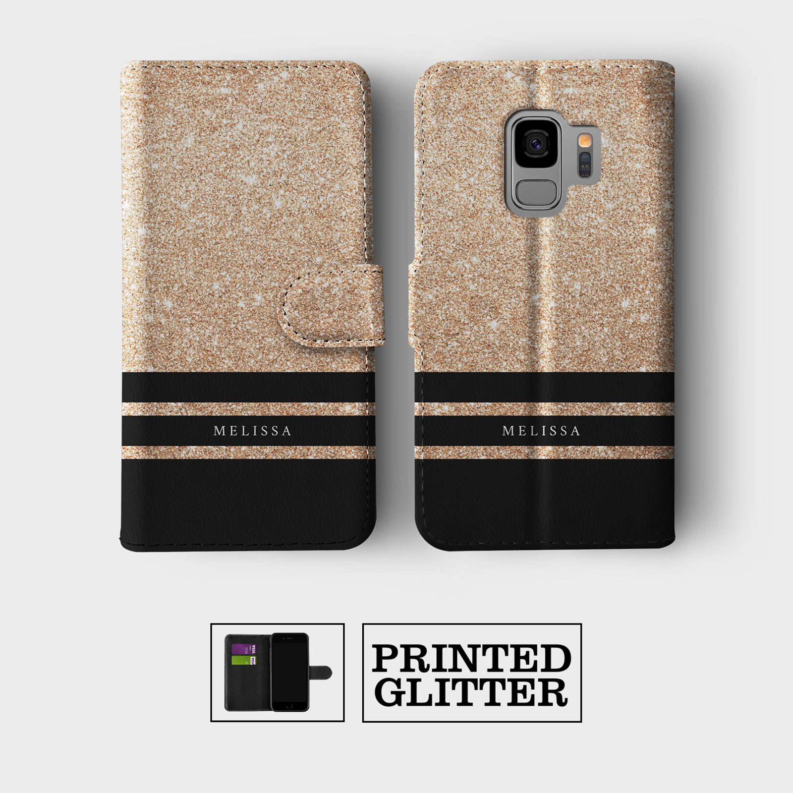 PERSONALISED WALLET FLIP CASE FOR SAMSUNG S23 S22 S21 S20 S10 ROSE GOLD GLITTER - Picture 5 of 10