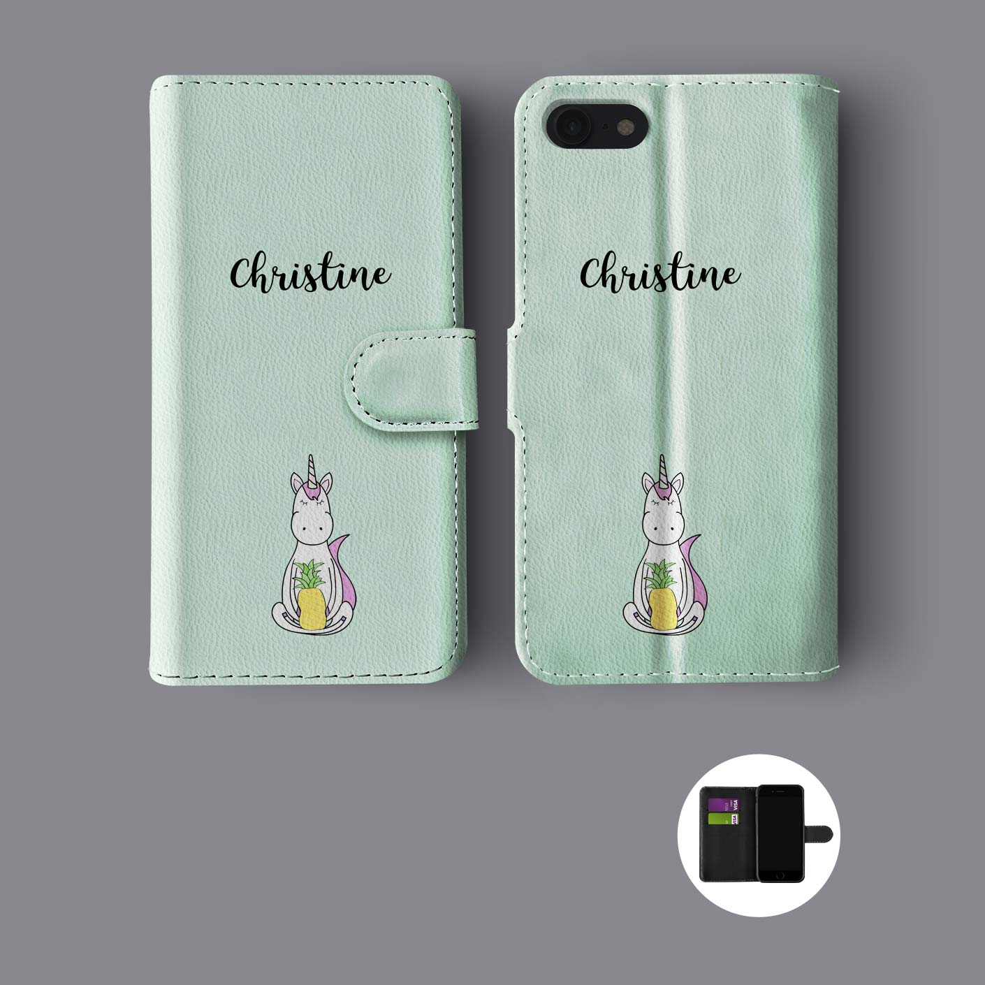 UNICORN MAGIC SUMMER PERSONALISED INITIALS LEATHER WALLET PHONE CASE FOR IPHONE - Picture 7 of 8