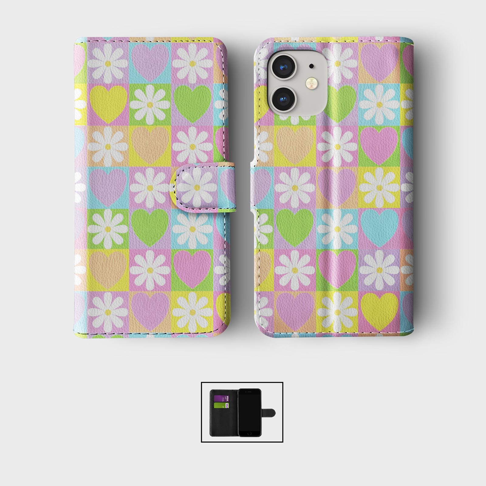 FLIP WALLET PHONE CASE FOR IPHONE 16 15 14 13 12 11 SE PRO CUTE PASTEL FLOWERS - Picture 2 of 10