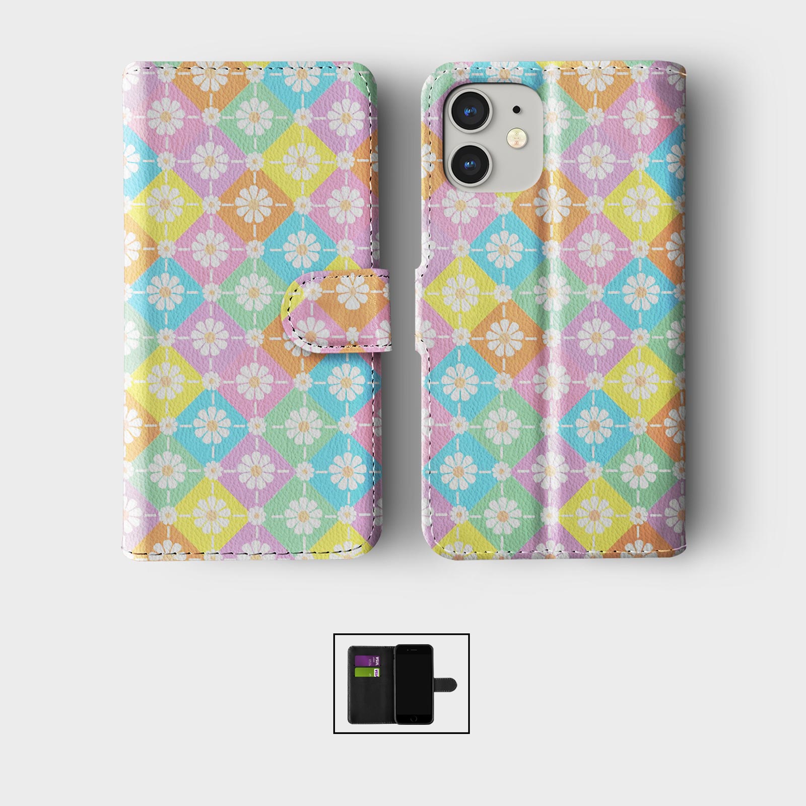 FLIP WALLET PHONE CASE FOR IPHONE 16 15 14 13 12 11 SE PRO CUTE PASTEL FLOWERS - Picture 4 of 10