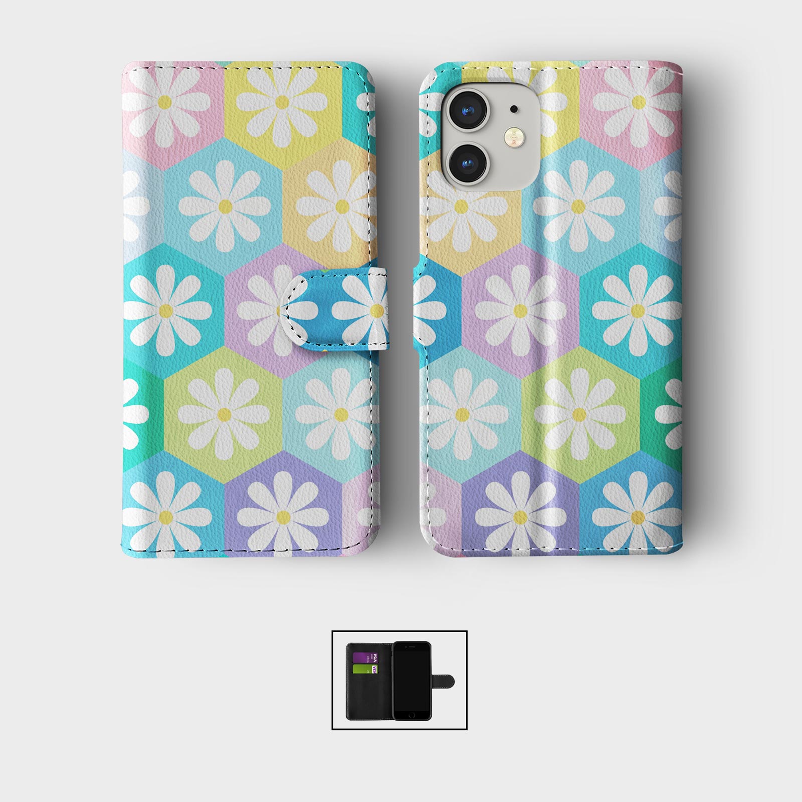 FLIP WALLET PHONE CASE FOR IPHONE 16 15 14 13 12 11 SE PRO CUTE PASTEL FLOWERS - Picture 7 of 10
