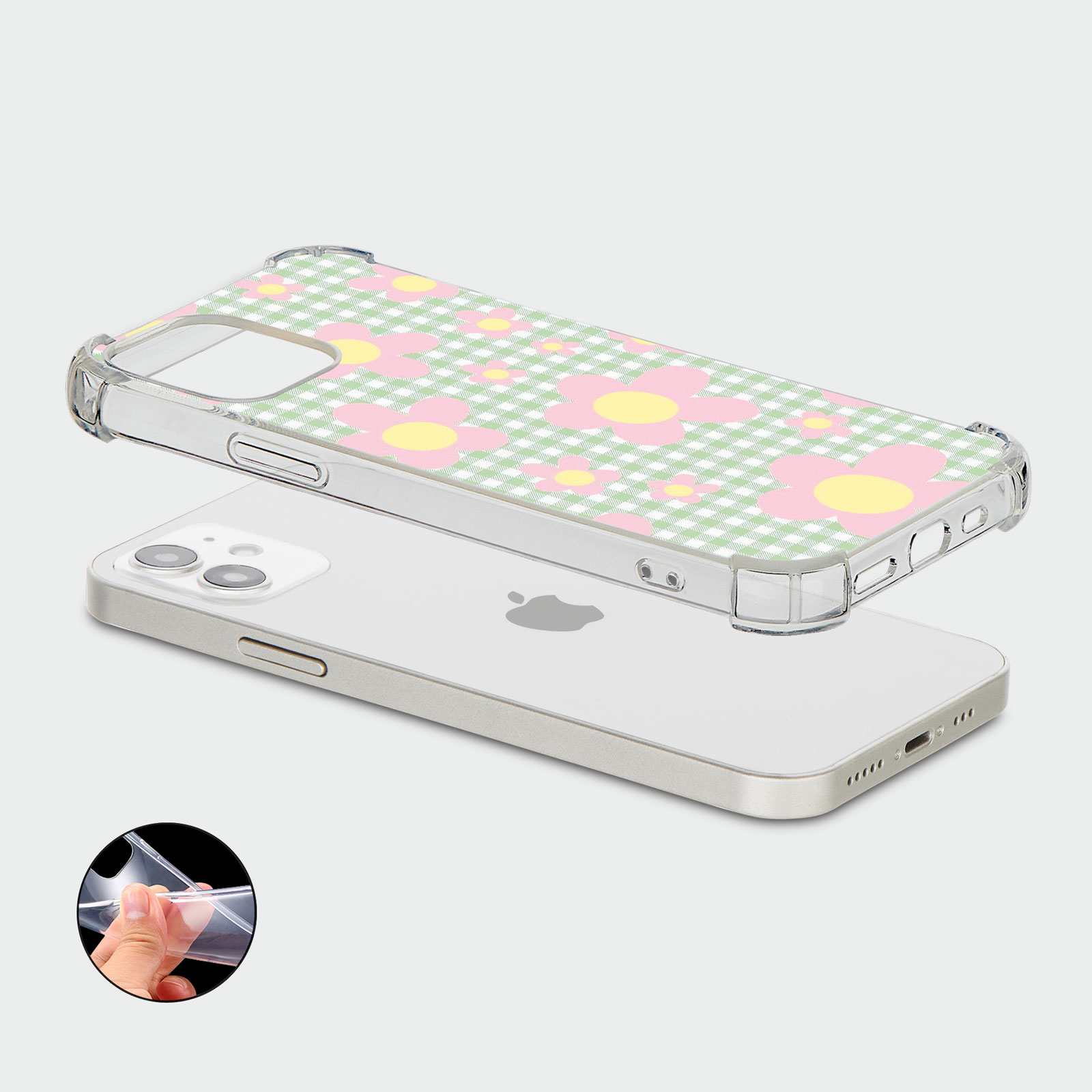 CASE FOR IPHONE 15 14 13 12 SE SHOCKPROOF PHONE COVER FLORAL GINGHAM PASTEL - Picture 8 of 34