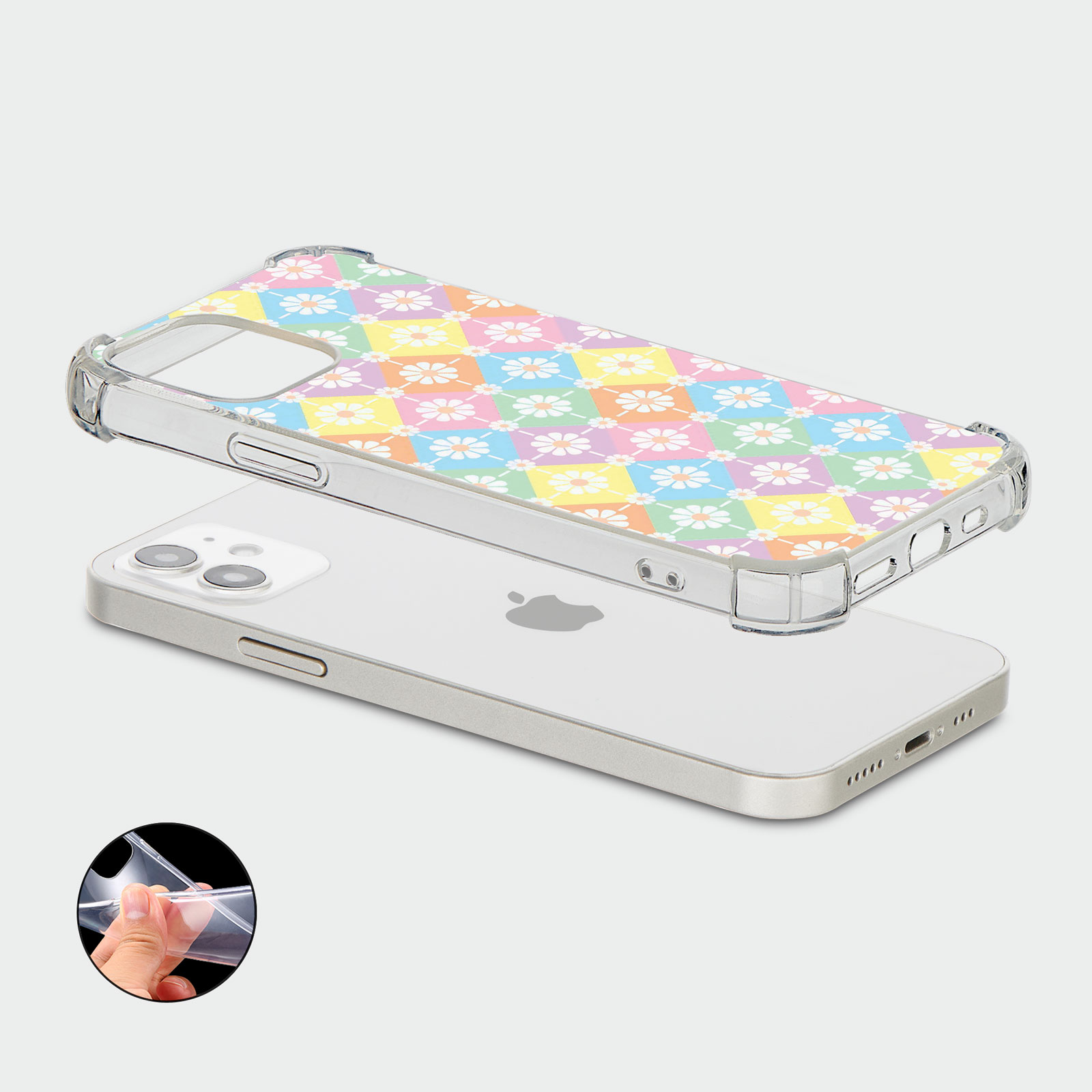 CASE FOR IPHONE 15 14 13 12 SE SHOCKPROOF PHONE COVER FLORAL GINGHAM PASTEL - Picture 12 of 34