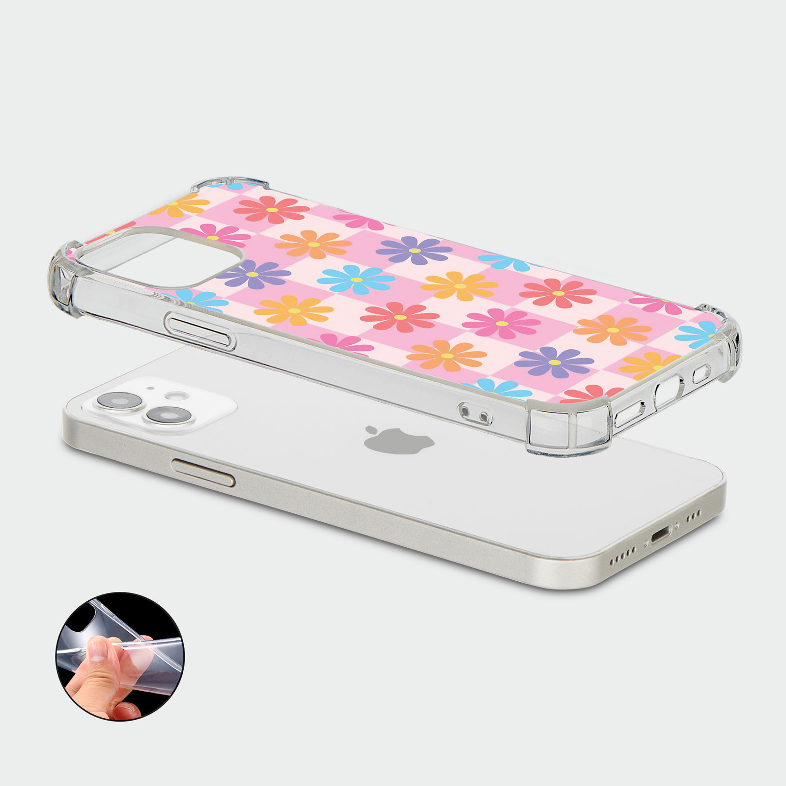 CASE FOR IPHONE 15 14 13 12 SE SHOCKPROOF PHONE COVER FLORAL GINGHAM PASTEL - Picture 32 of 34