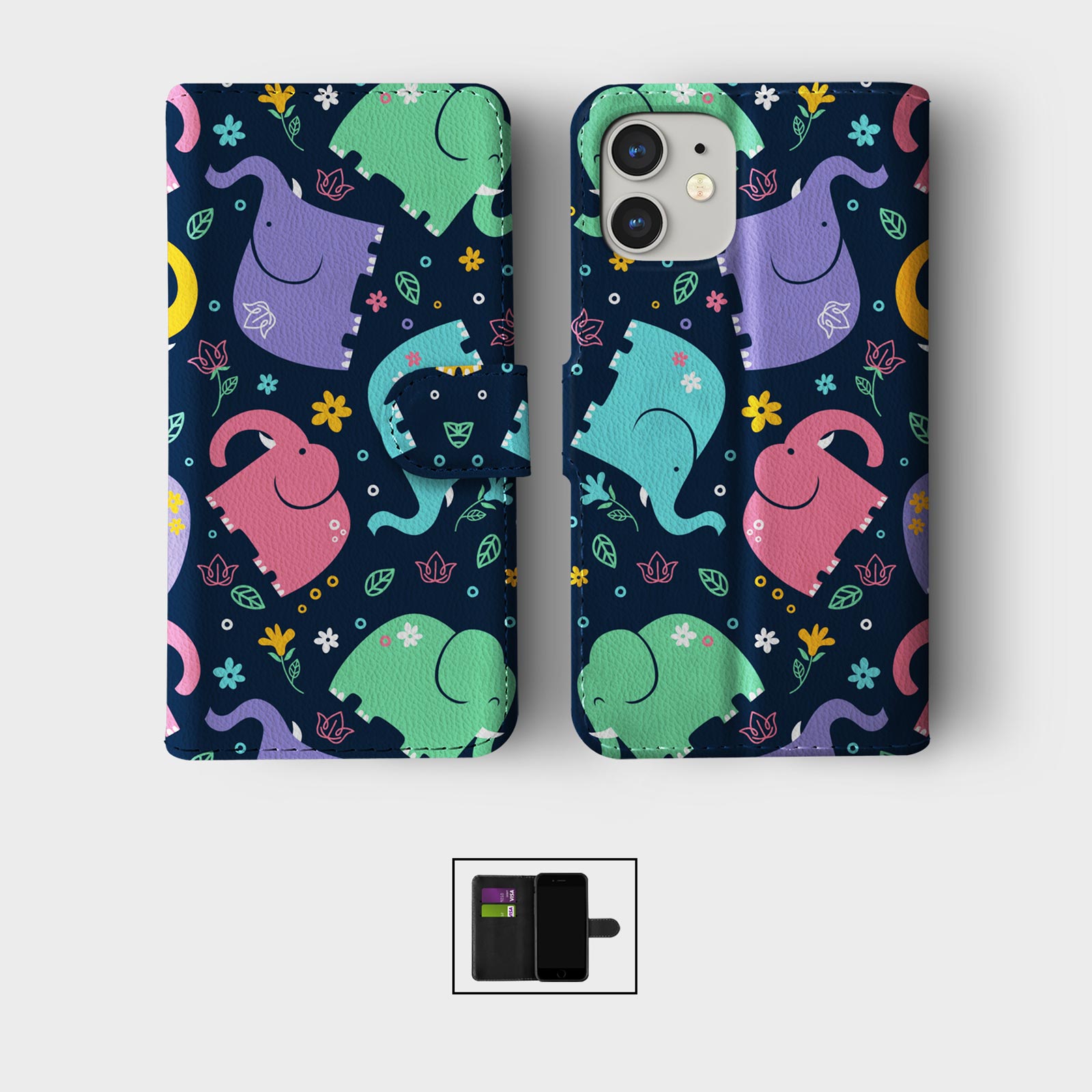 CASE FOR IPHONE 16 16E 15 14 12 12 SE PRO WALLET FLIP PHONE COVER CUTE ELEPHANTS - Picture 2 of 6