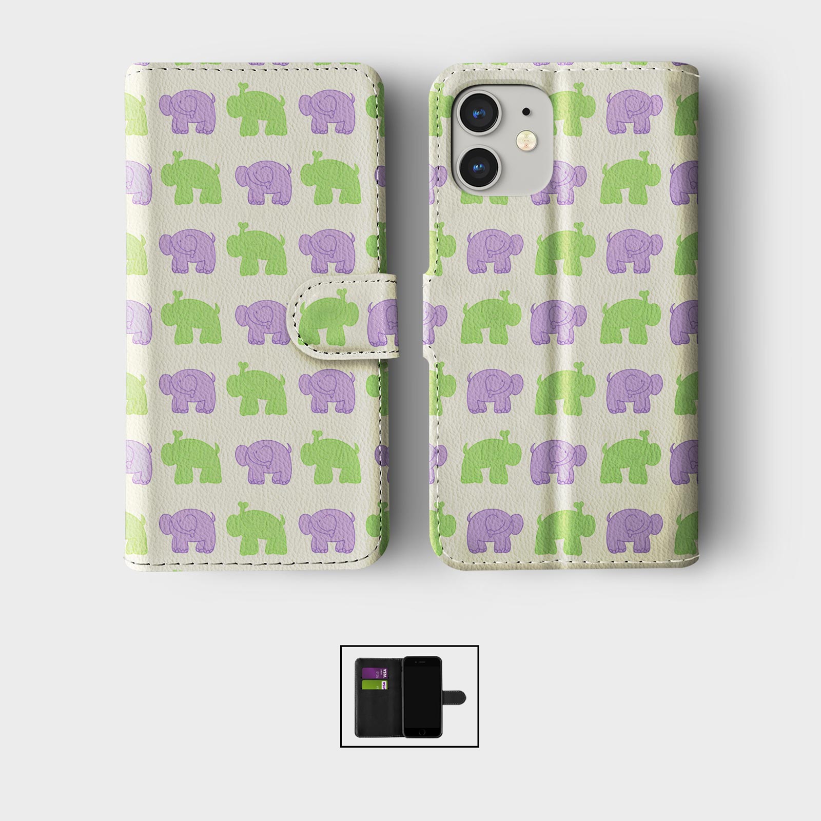 CASE FOR IPHONE 16 16E 15 14 12 12 SE PRO WALLET FLIP PHONE COVER CUTE ELEPHANTS - Picture 4 of 6
