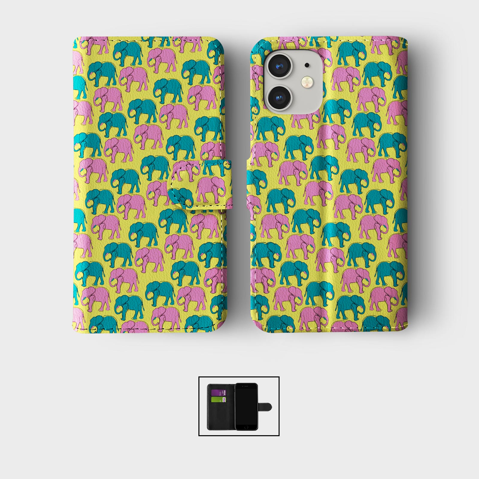 CASE FOR IPHONE 16 16E 15 14 12 12 SE PRO WALLET FLIP PHONE COVER CUTE ELEPHANTS - Picture 5 of 6