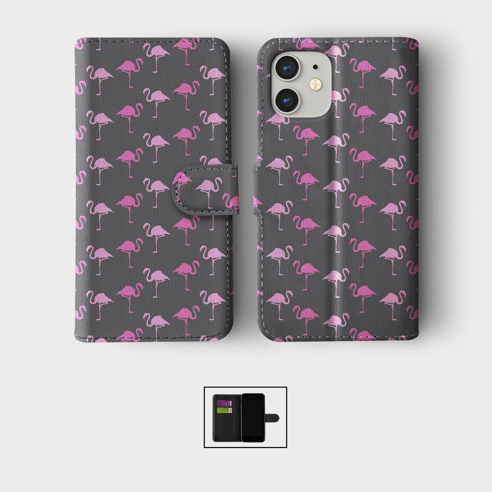 CASE FOR IPHONE 16 16E 15 14 12 SE WALLET FLIP PHONE COVER FLAMINGO PINK BIRDS - Picture 7 of 8