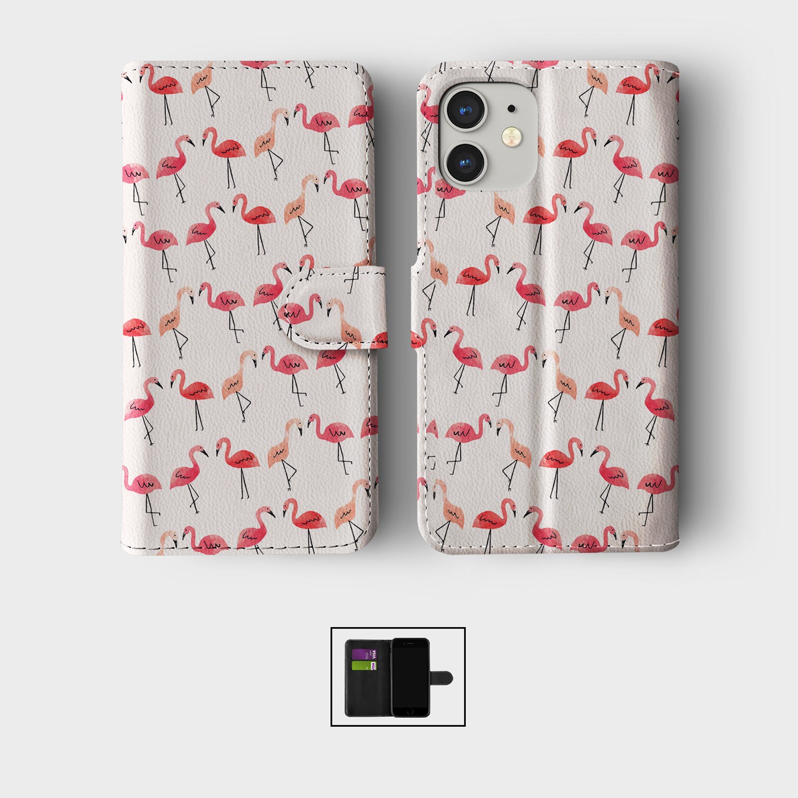 CASE FOR IPHONE 16 16E 15 14 12 12 SE WALLET FLIP PHONE COVER PINK BIRD FLAMINGO - Picture 2 of 9