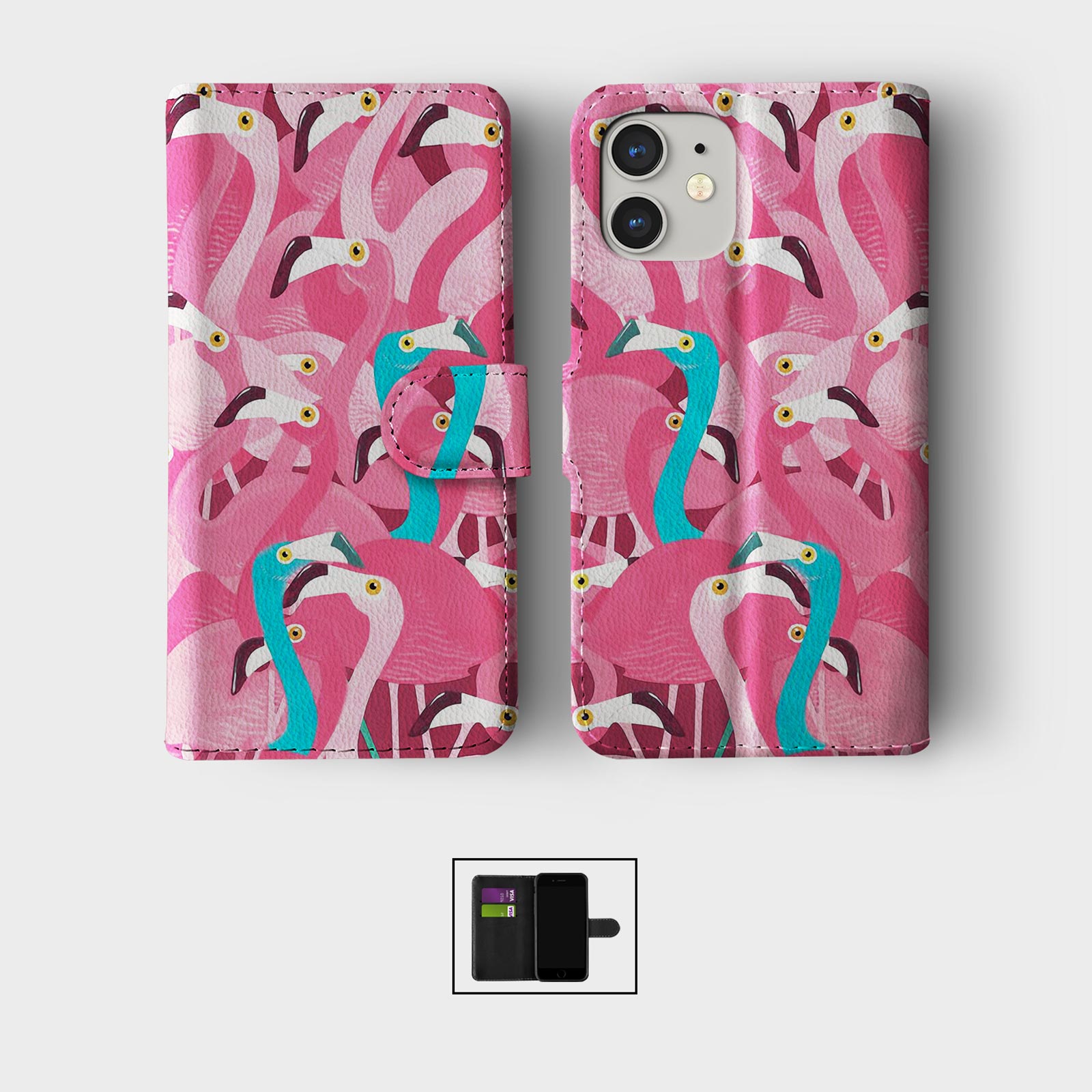 CASE FOR IPHONE 16 16E 15 14 12 12 SE WALLET FLIP PHONE COVER PINK BIRD FLAMINGO - Picture 3 of 9