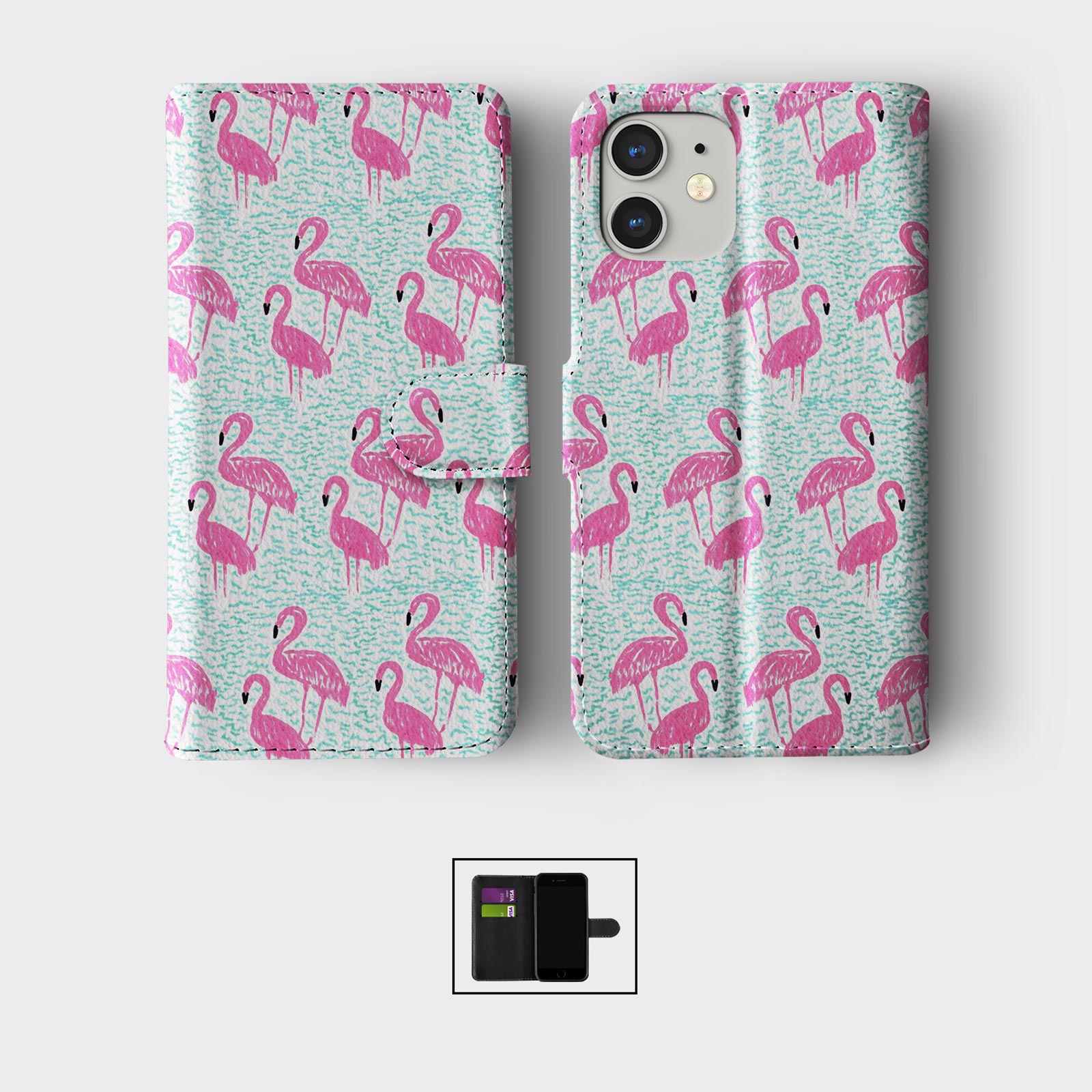 CASE FOR IPHONE 16 16E 15 14 12 12 SE WALLET FLIP PHONE COVER PINK BIRD FLAMINGO - Picture 6 of 9