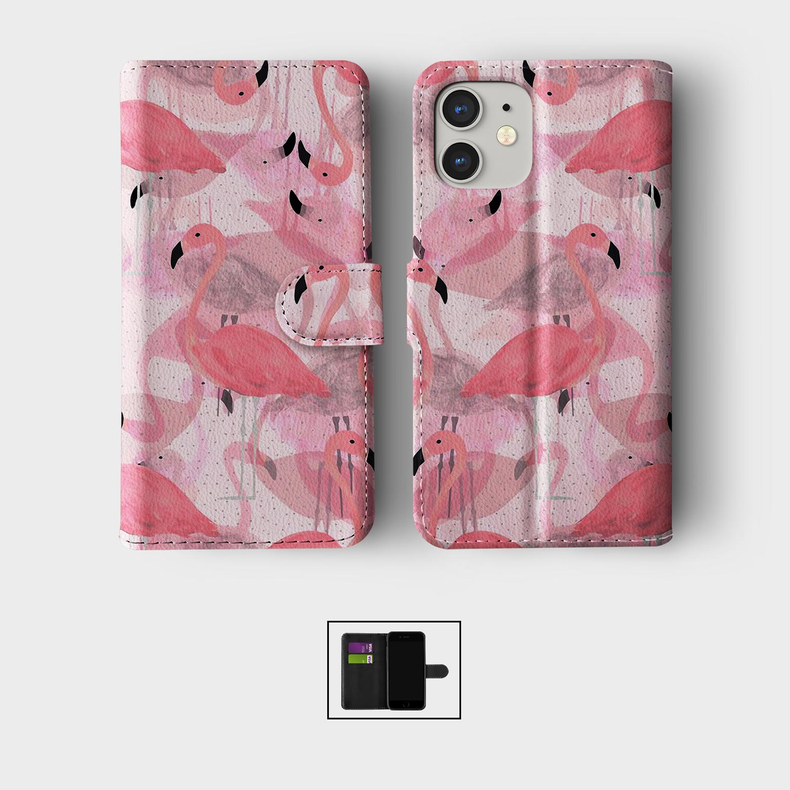 CASE FOR IPHONE 16 16E 15 14 12 12 SE WALLET FLIP PHONE COVER PINK BIRD FLAMINGO - Picture 7 of 9
