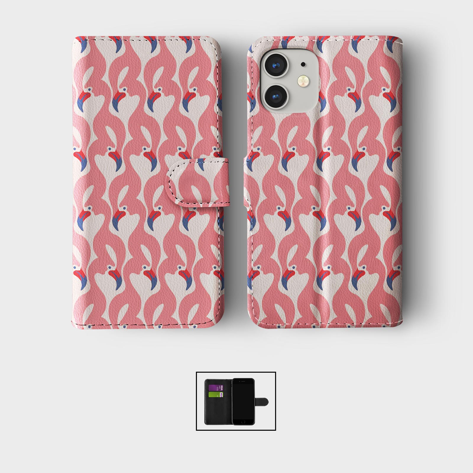 CASE FOR IPHONE 16 16E 15 14 12 12 SE WALLET FLIP PHONE COVER PINK BIRD FLAMINGO - Picture 8 of 9