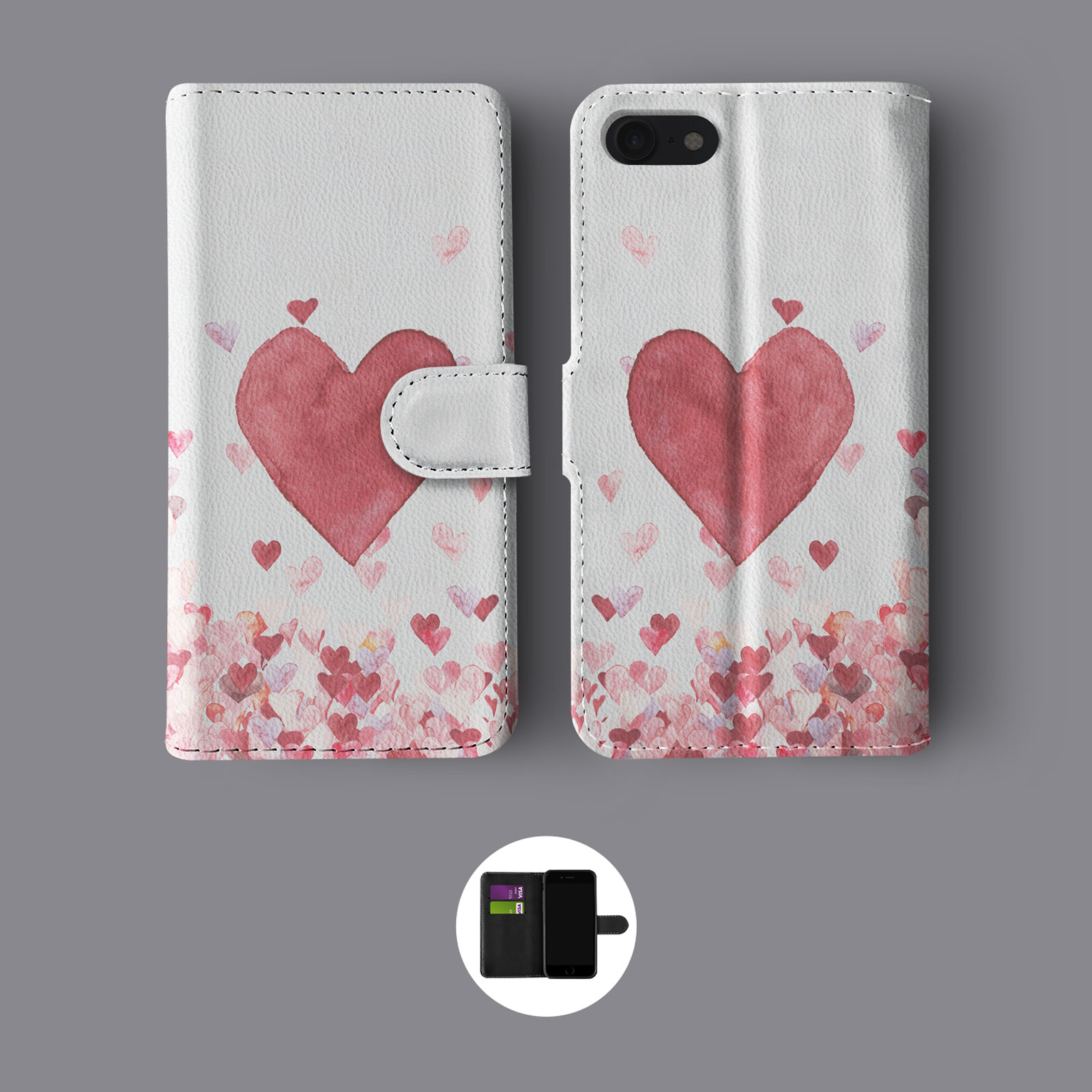 FLOATING HEARTS ROSES RAIN WATERCOLOURS LEATHER WALLET PHONE CASE FOR IPHONE - Picture 7 of 10