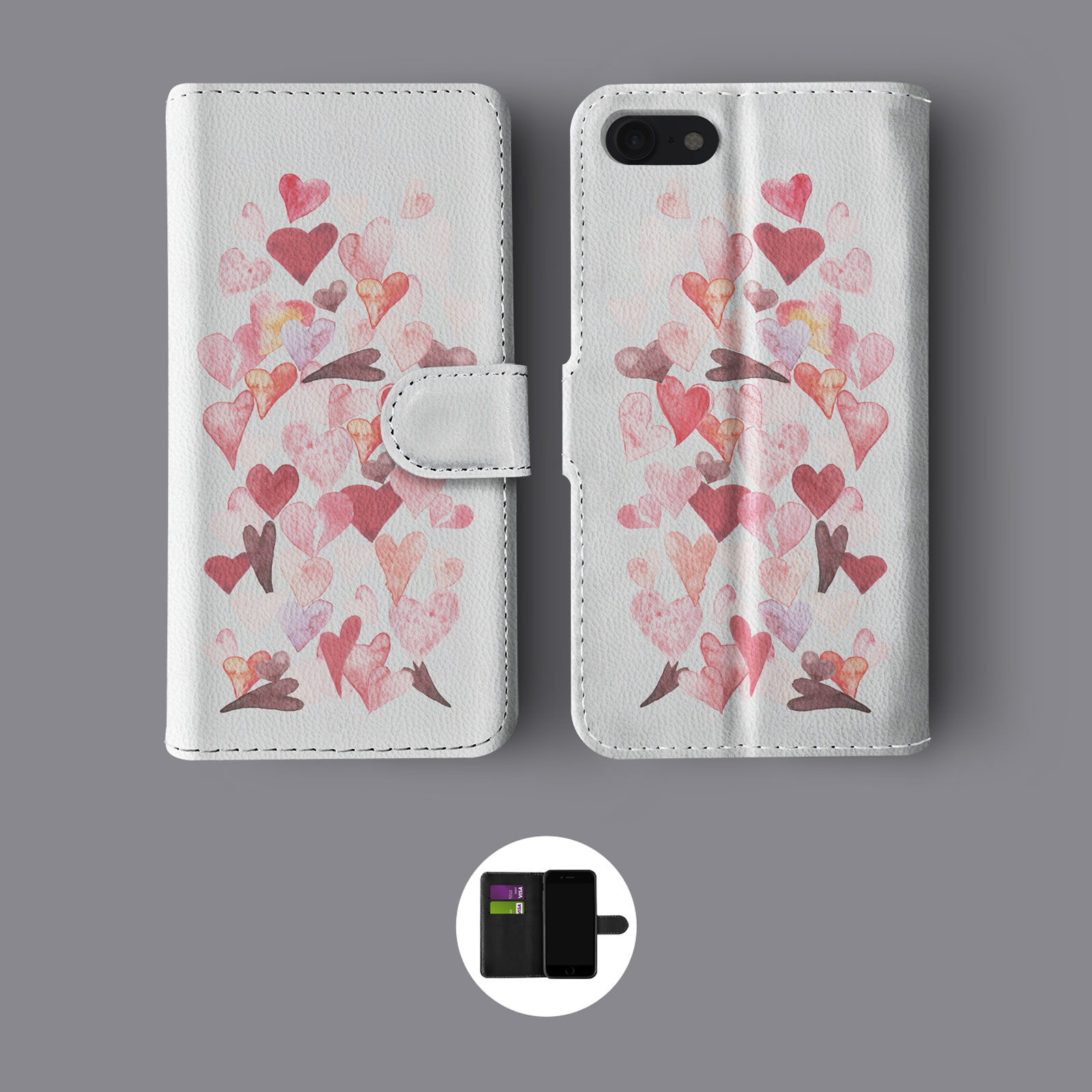 FLOATING HEARTS ROSES RAIN WATERCOLOURS LEATHER WALLET PHONE CASE FOR IPHONE - Picture 8 of 10