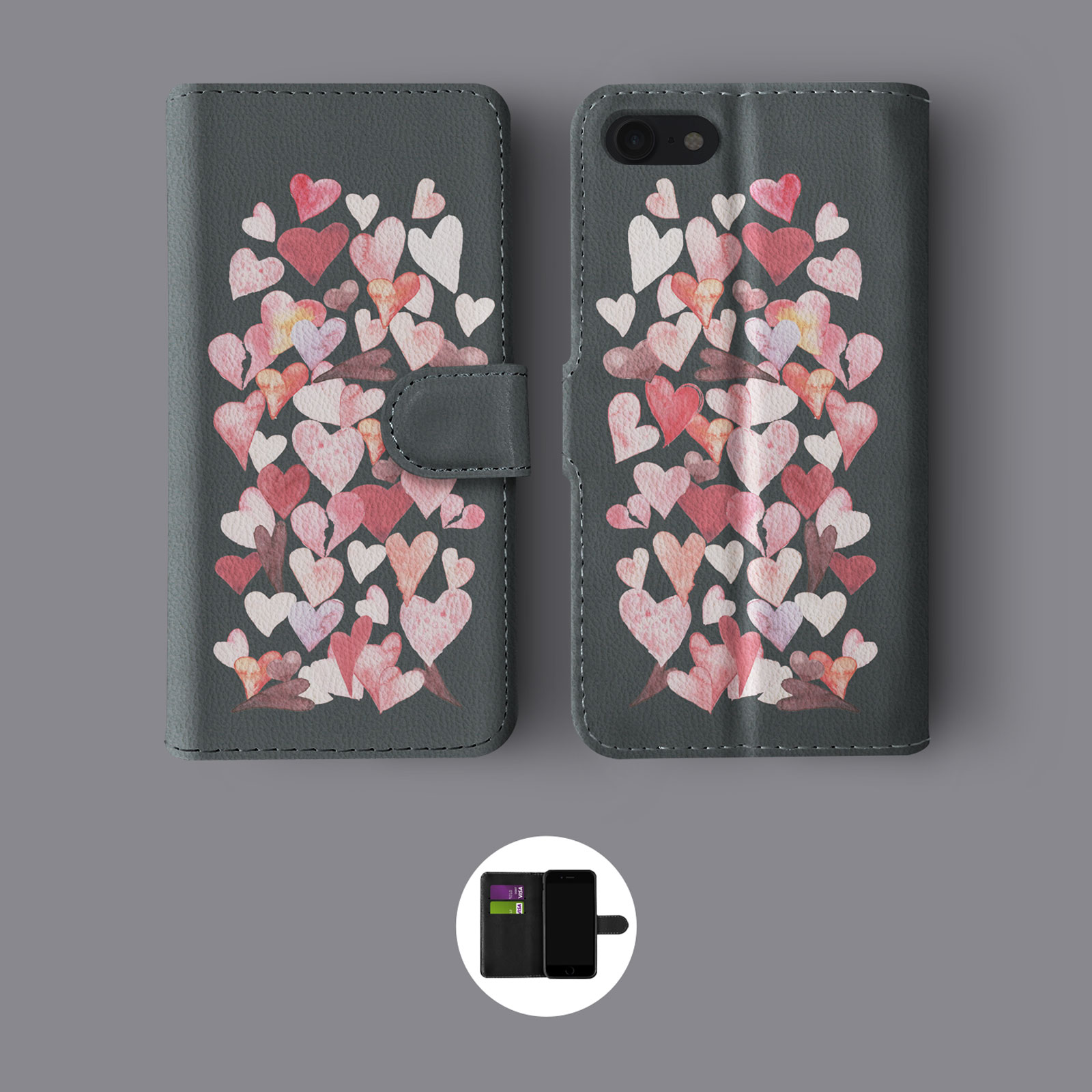 FLOATING HEARTS ROSES RAIN WATERCOLOURS LEATHER WALLET PHONE CASE FOR IPHONE - Picture 9 of 10
