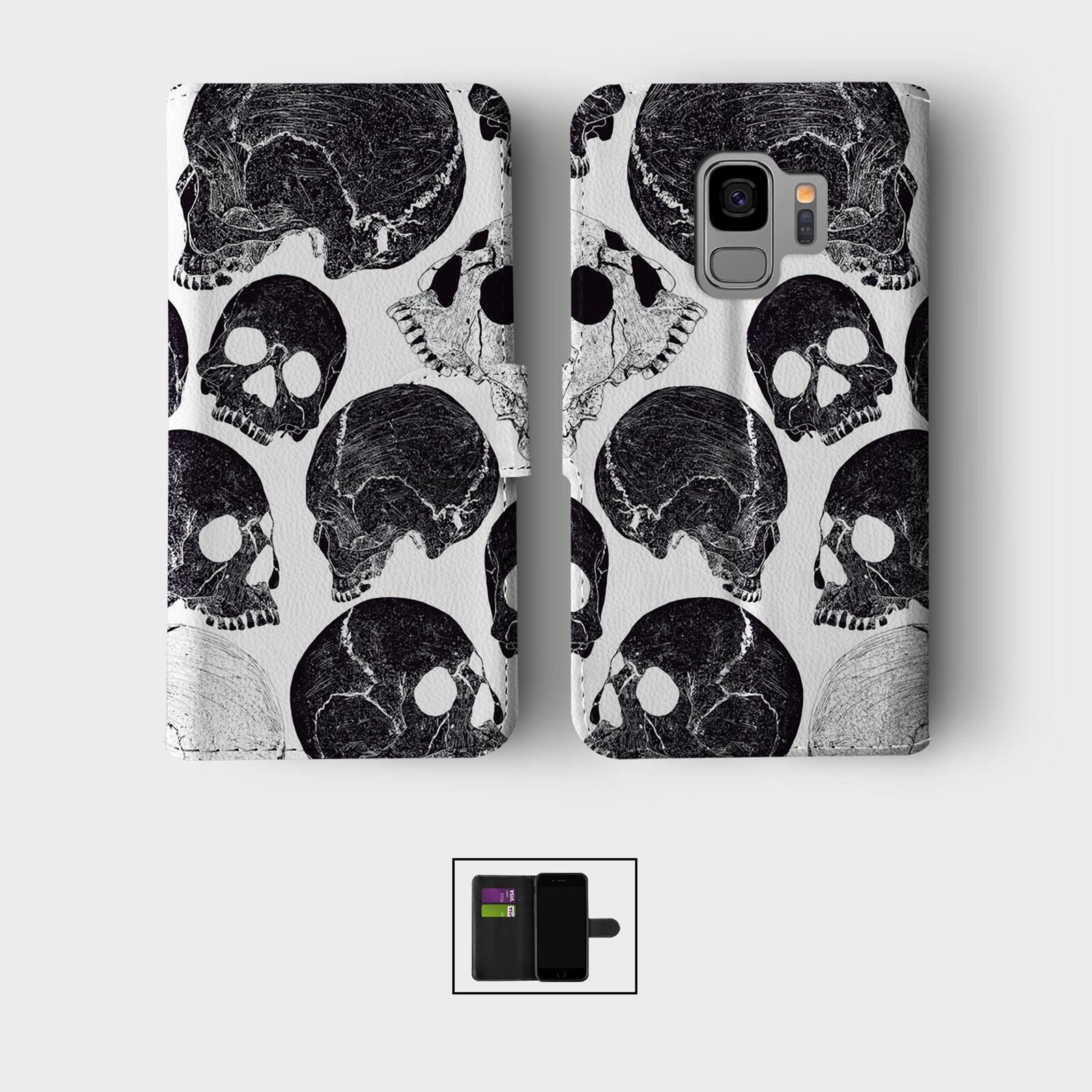 CASE FOR SAMSUNG S23 S22 S21 S20 S10 S9 WALLET FLIP PHONE COVER SKULLS HALLOWEEN - Picture 2 of 6