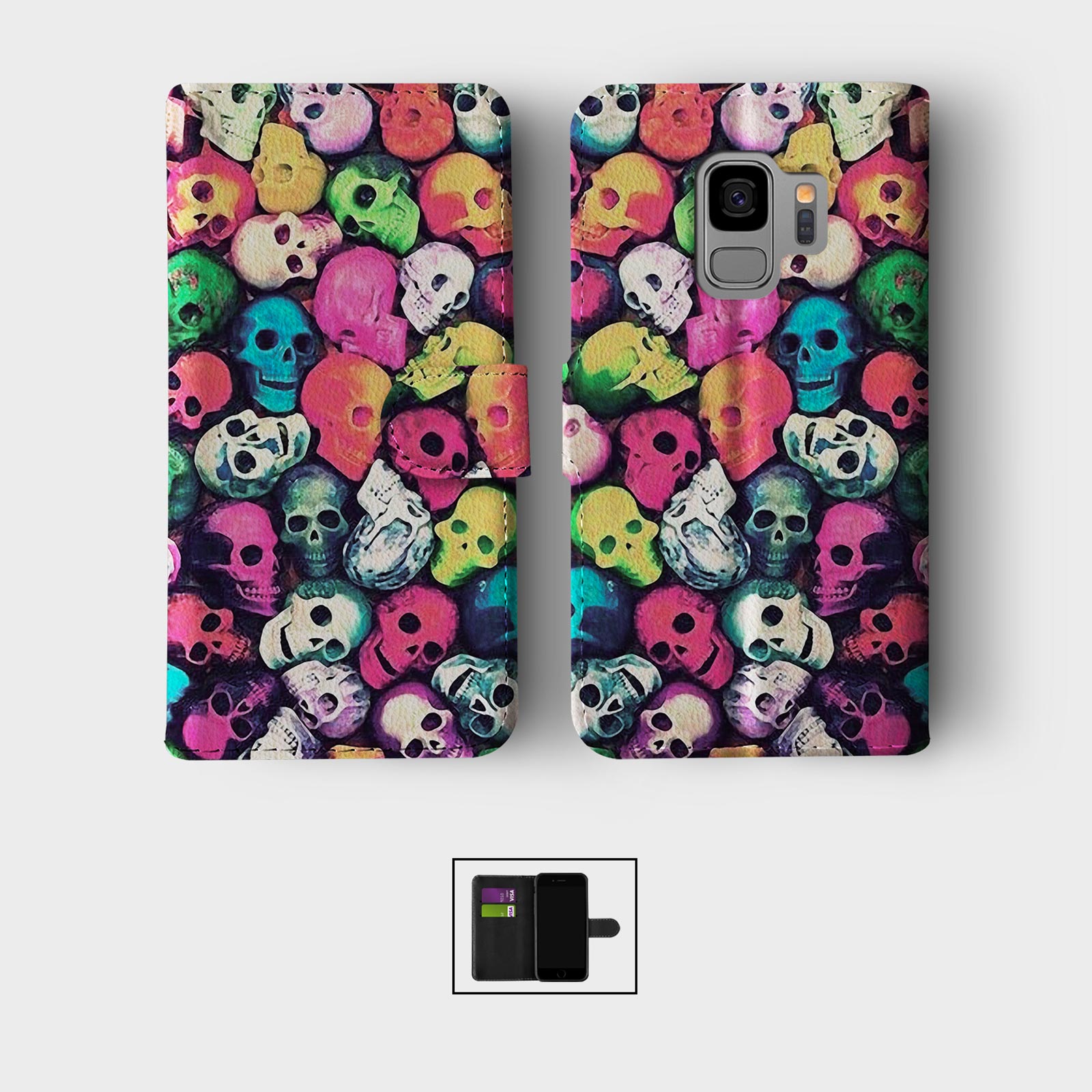 CASE FOR SAMSUNG S23 S22 S21 S20 S10 S9 WALLET FLIP PHONE COVER SKULLS HALLOWEEN - Picture 3 of 6