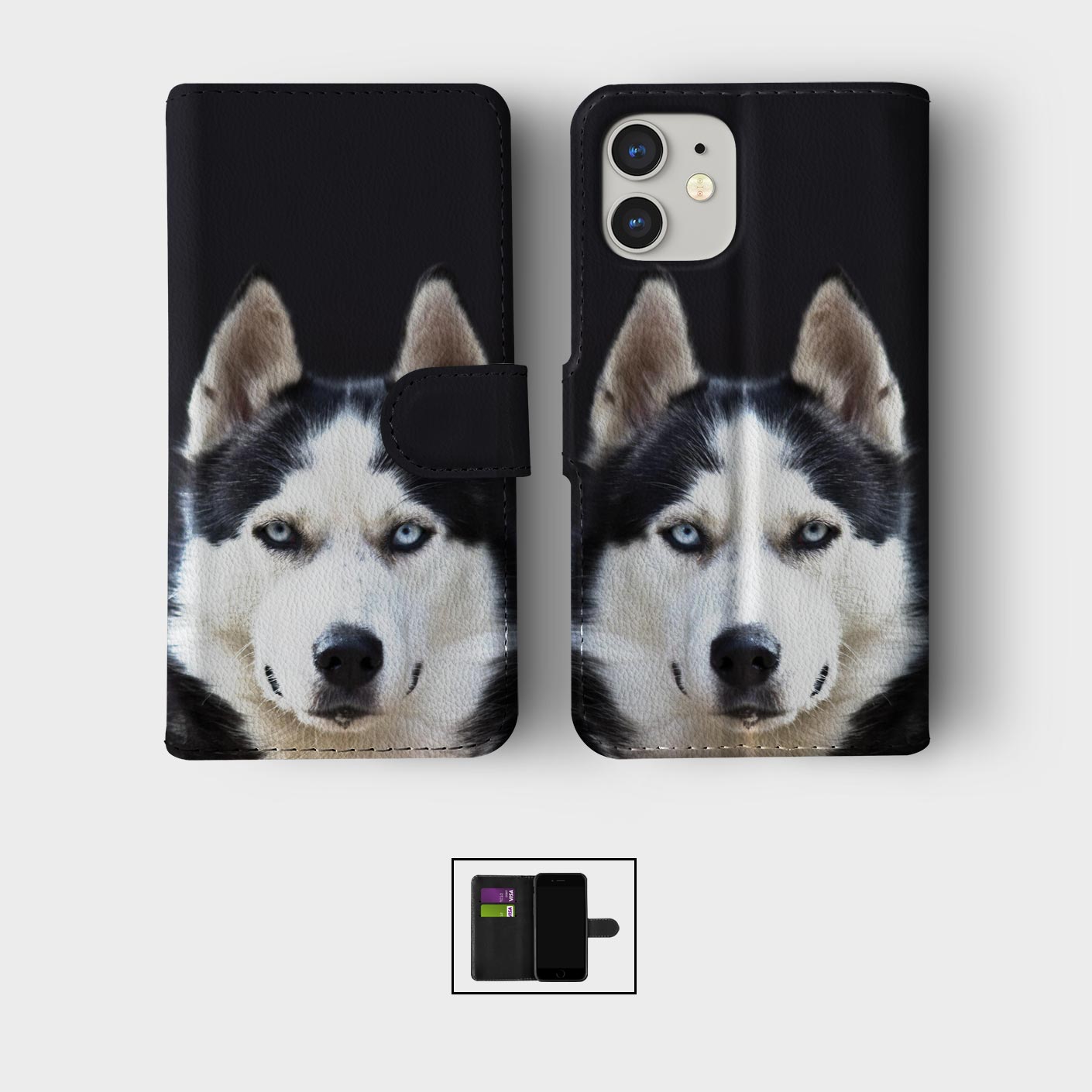 CASE FOR IPHONE 16 15 14 13 12 11 SE WALLET FLIP PHONE COVER HUSKY SIBERIAN DOG - Picture 2 of 8